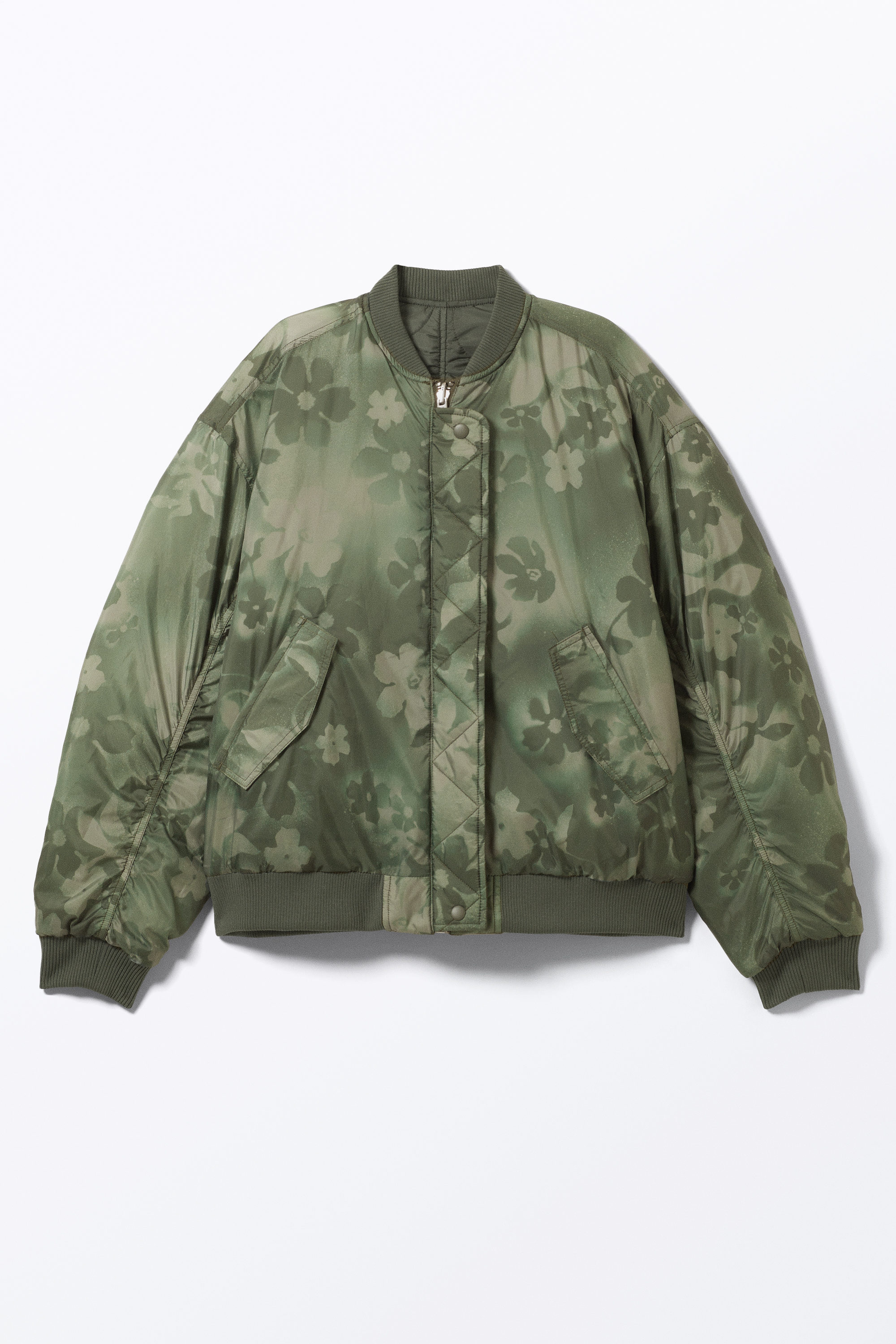 Dark Khaki - Floral - Loose Reversible Bomber Jacket - 6