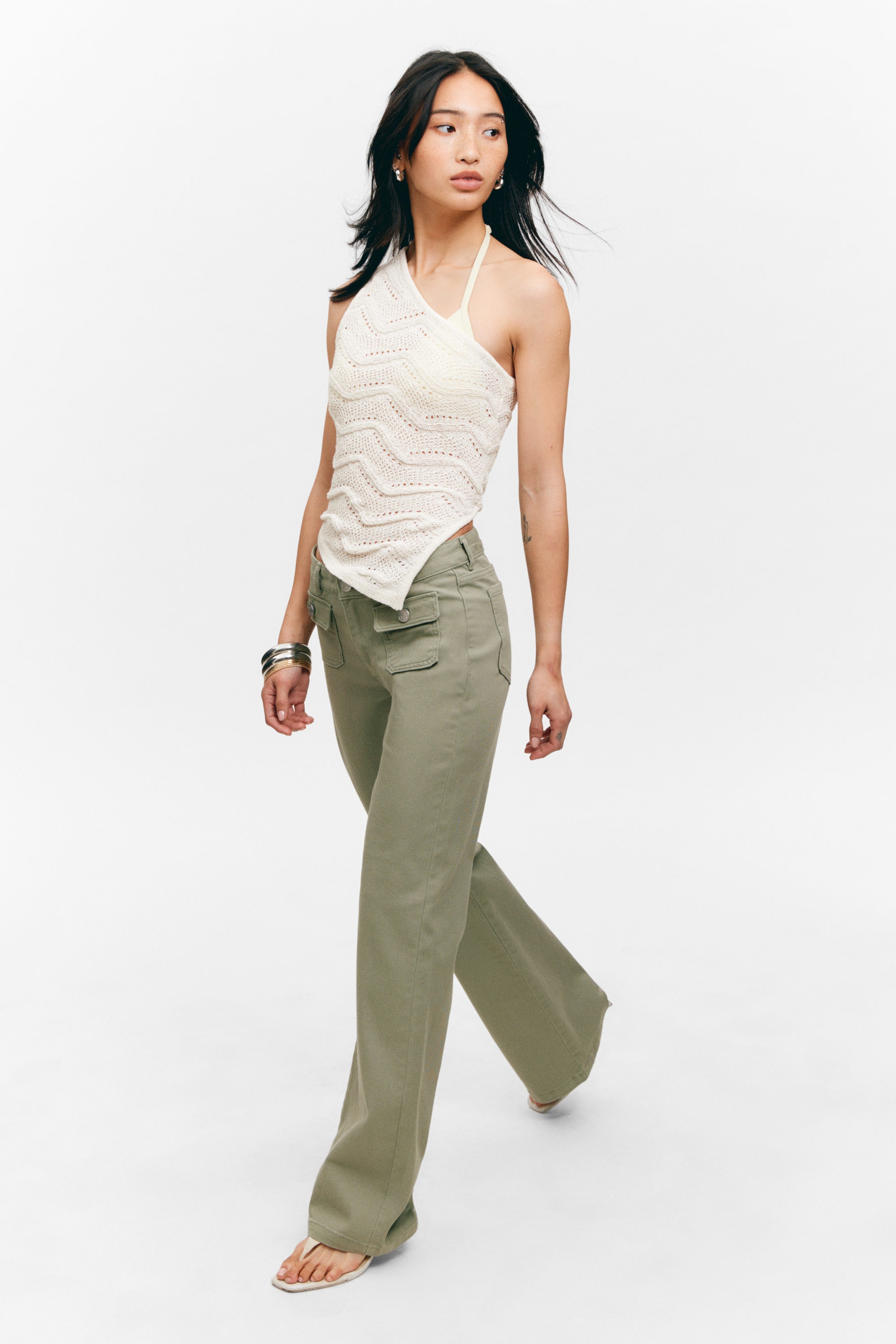 Khaki Green - Low Waisted Bootcut Twill Trousers - 2