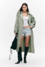 Khaki Green - Oversized Belted Nylon Trench Coat - 0