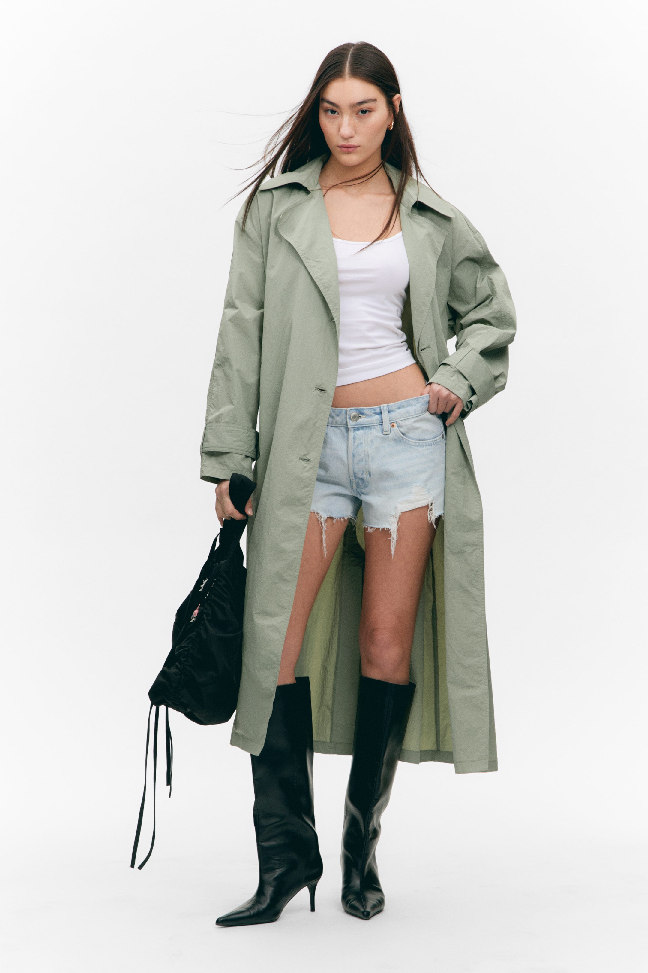 Khaki Green - Oversized Belted Nylon Trench Coat - 1