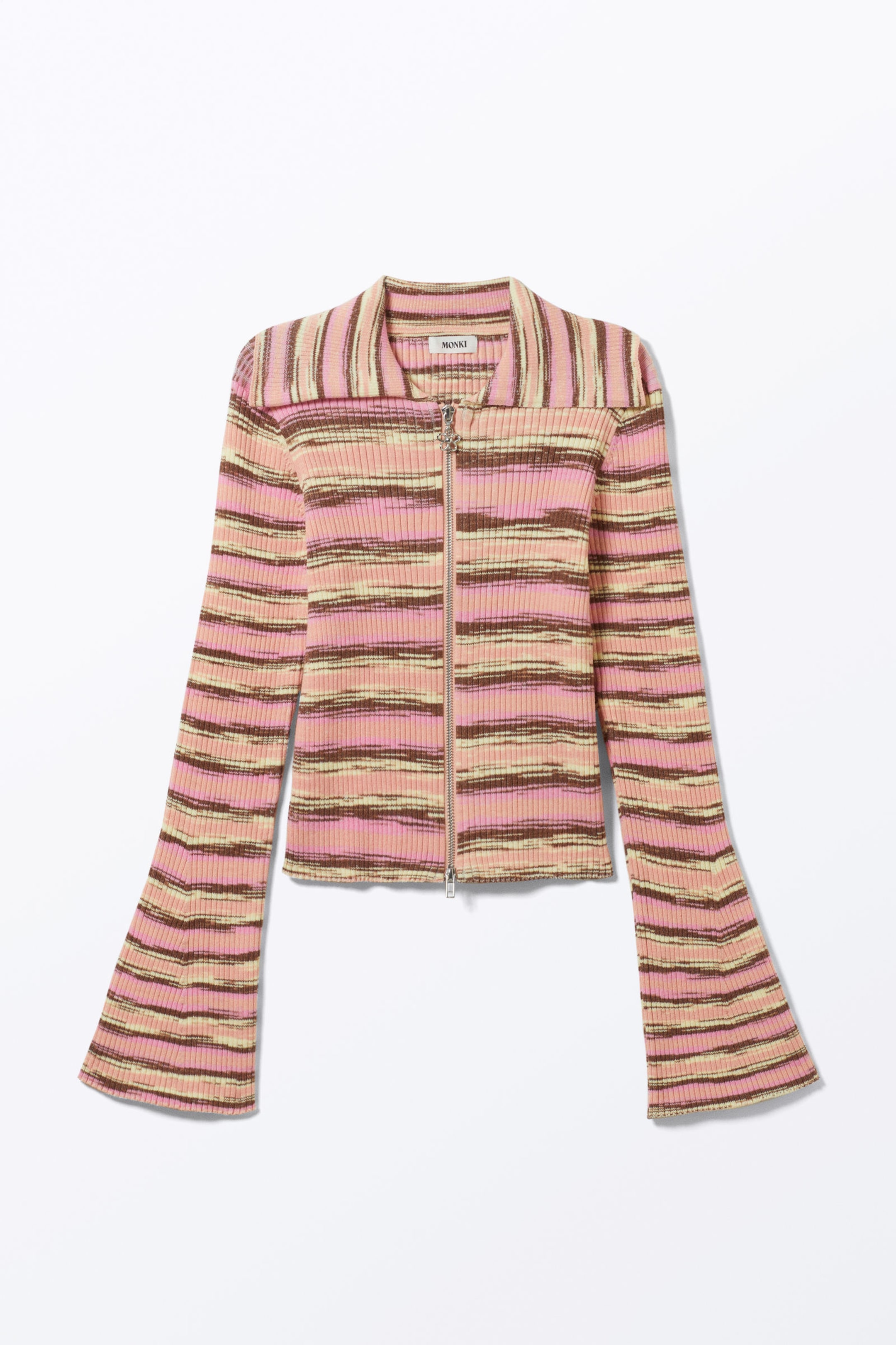 Pink Multi Stripe - Flare-Sleeved Rib-Knitted Cardigan - 3