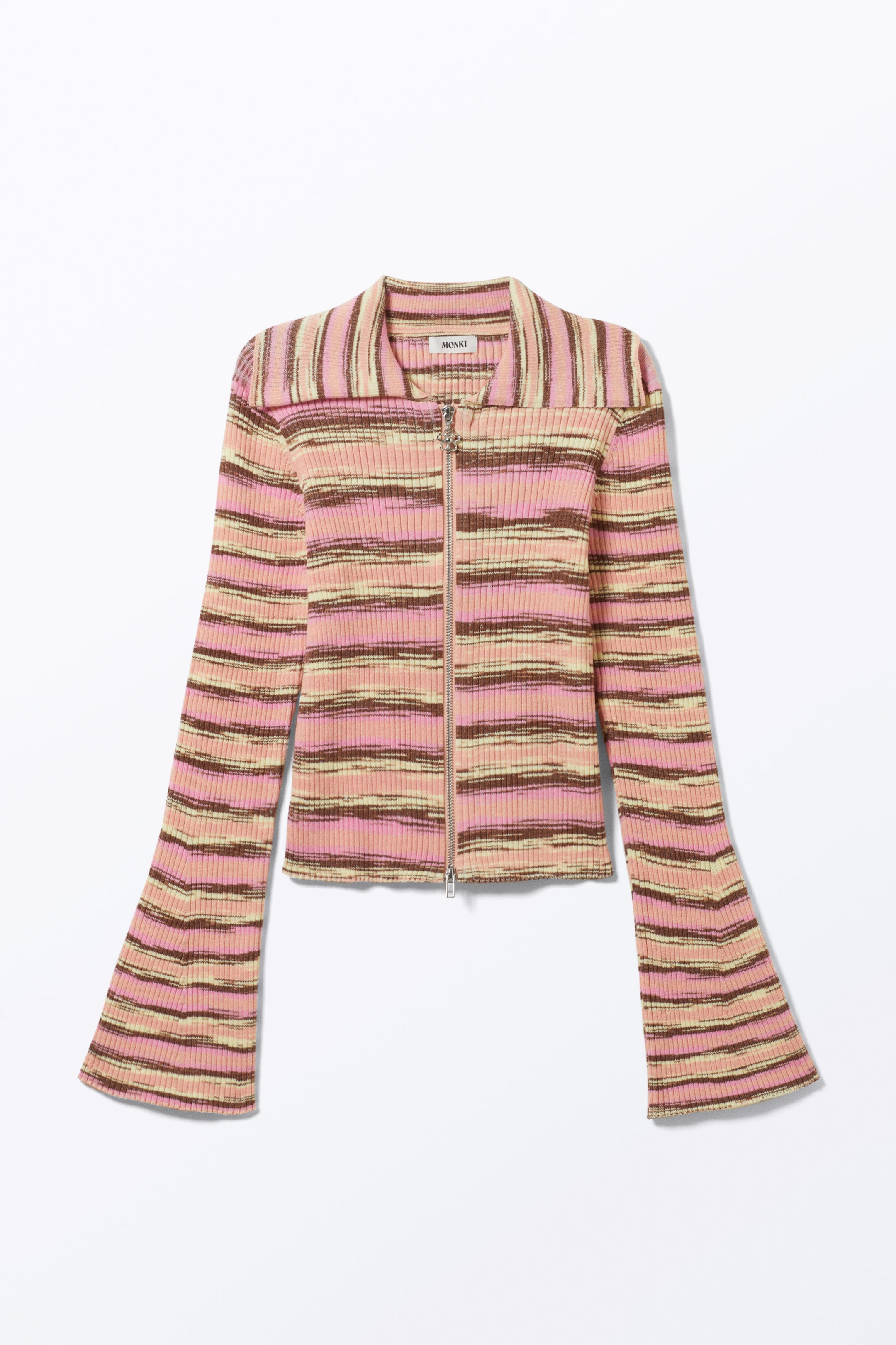 Pink mit mehrfarbigen Streifen - Cardigan aus Rippstrick mit ausgestellten Ärmeln - 0