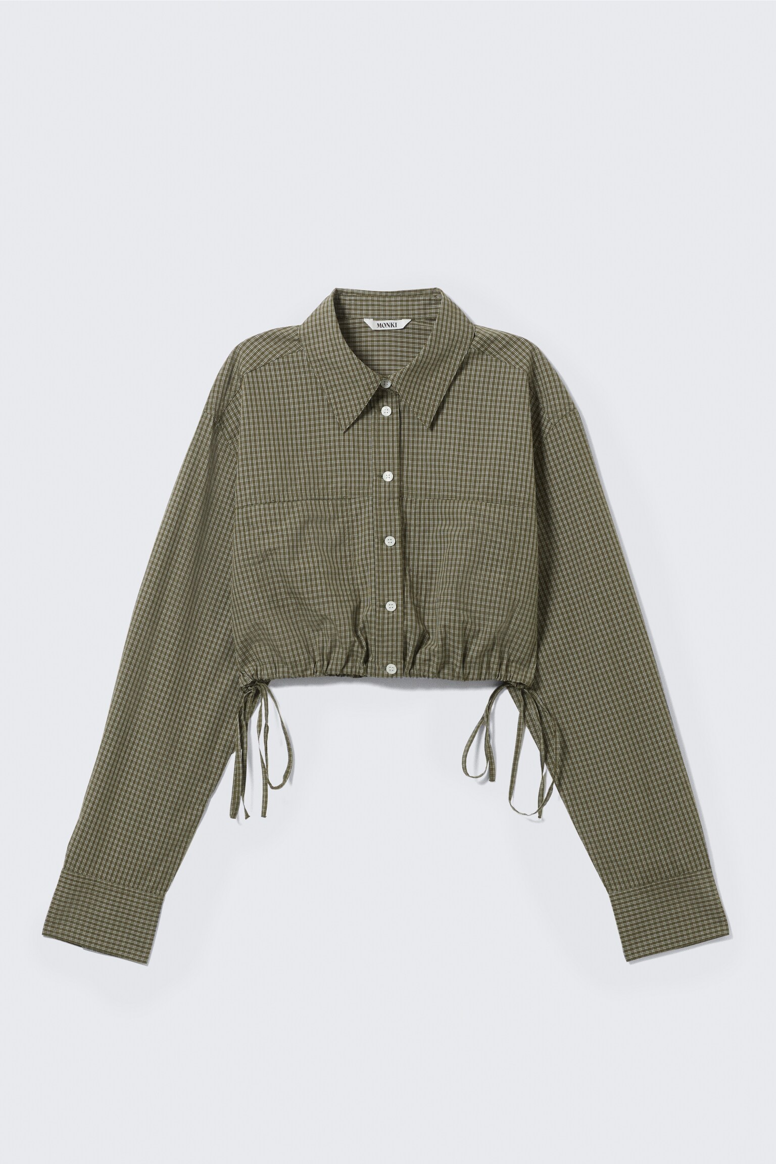 Cropped Loose Cargo Shirt - Checked Dark Khaki Green/Light Blue - 2