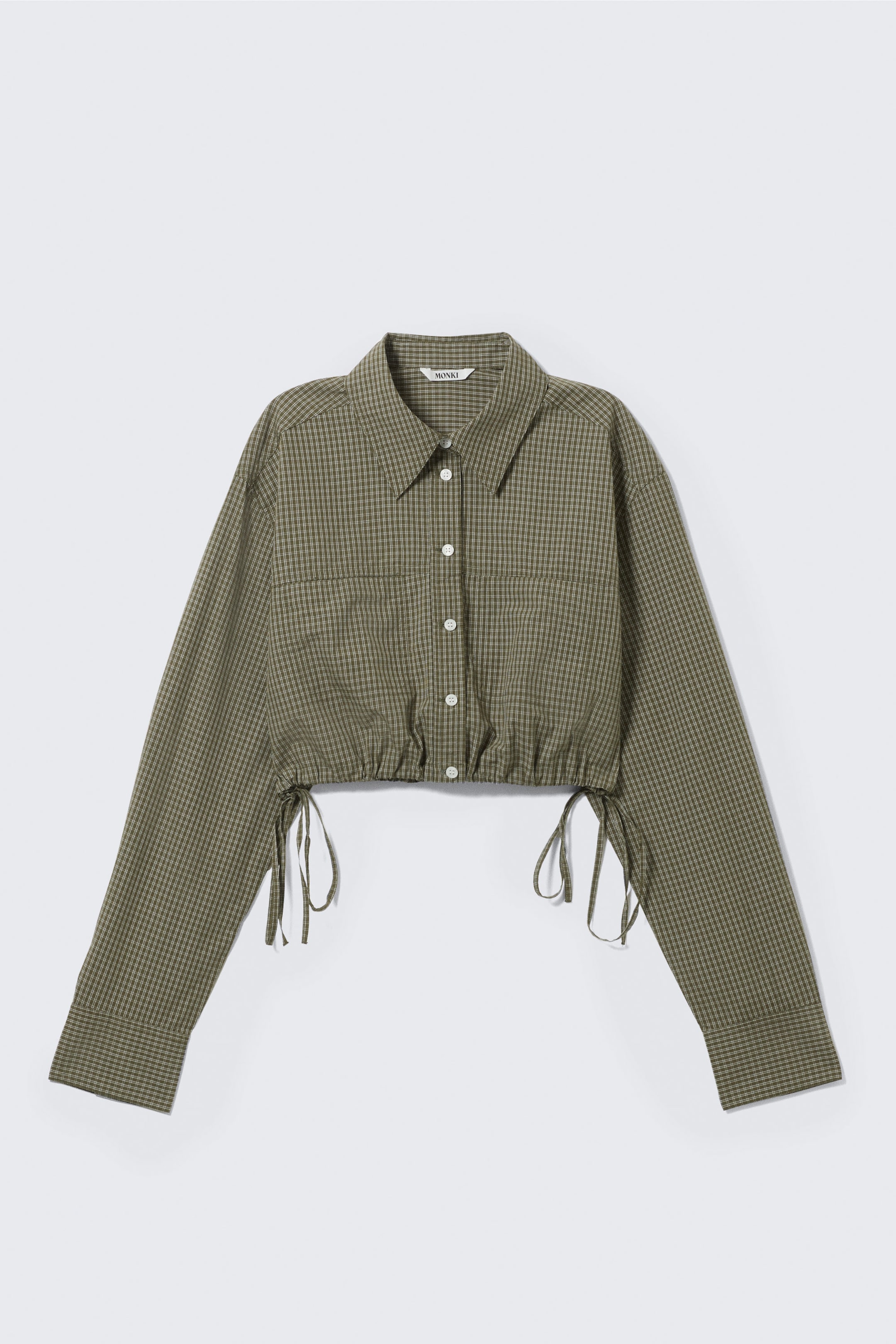 Checked Dark Khaki Green - Cropped Loose Cargo Shirt - 4