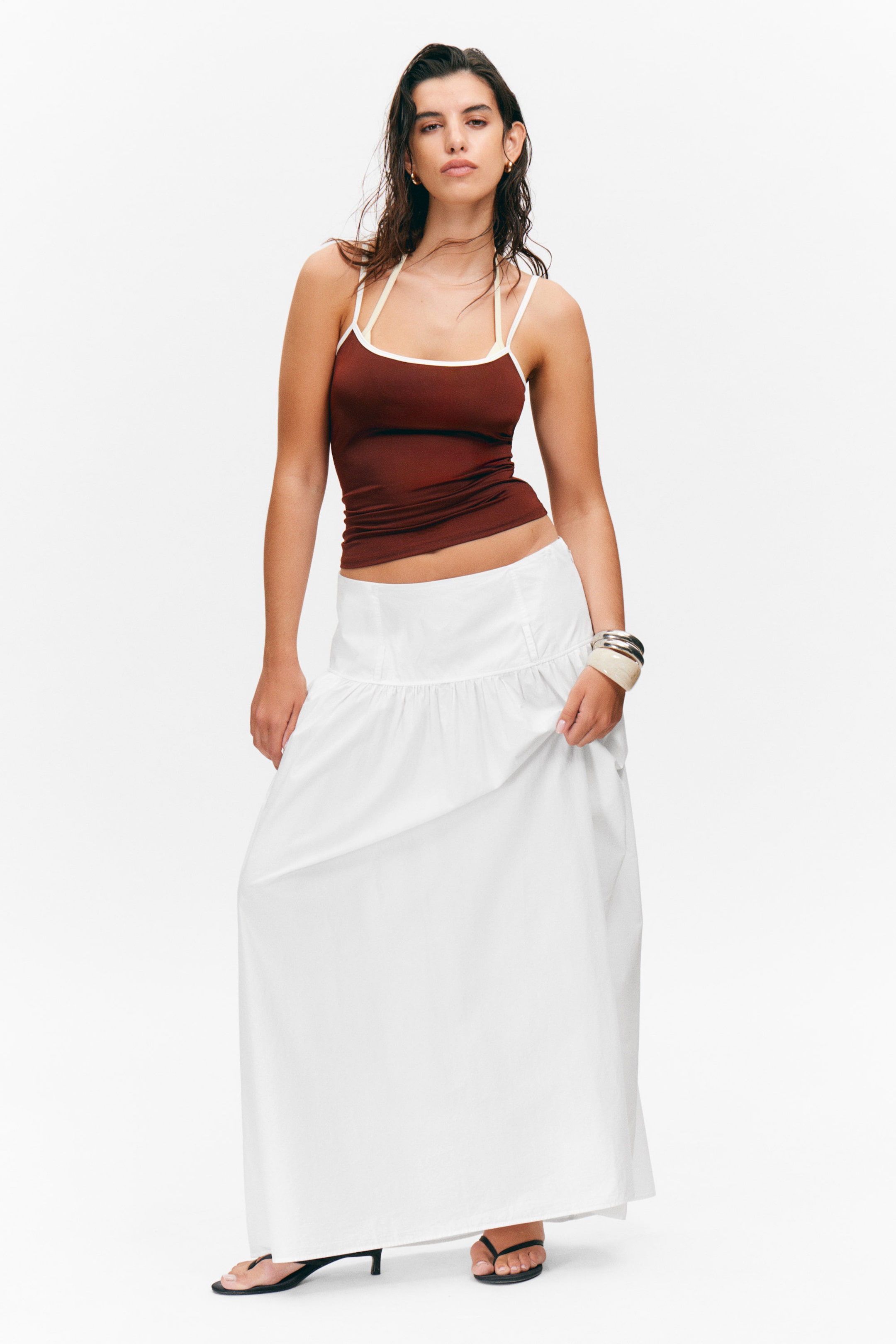 White - Gathered Cotton Poplin Maxi Skirt - 1