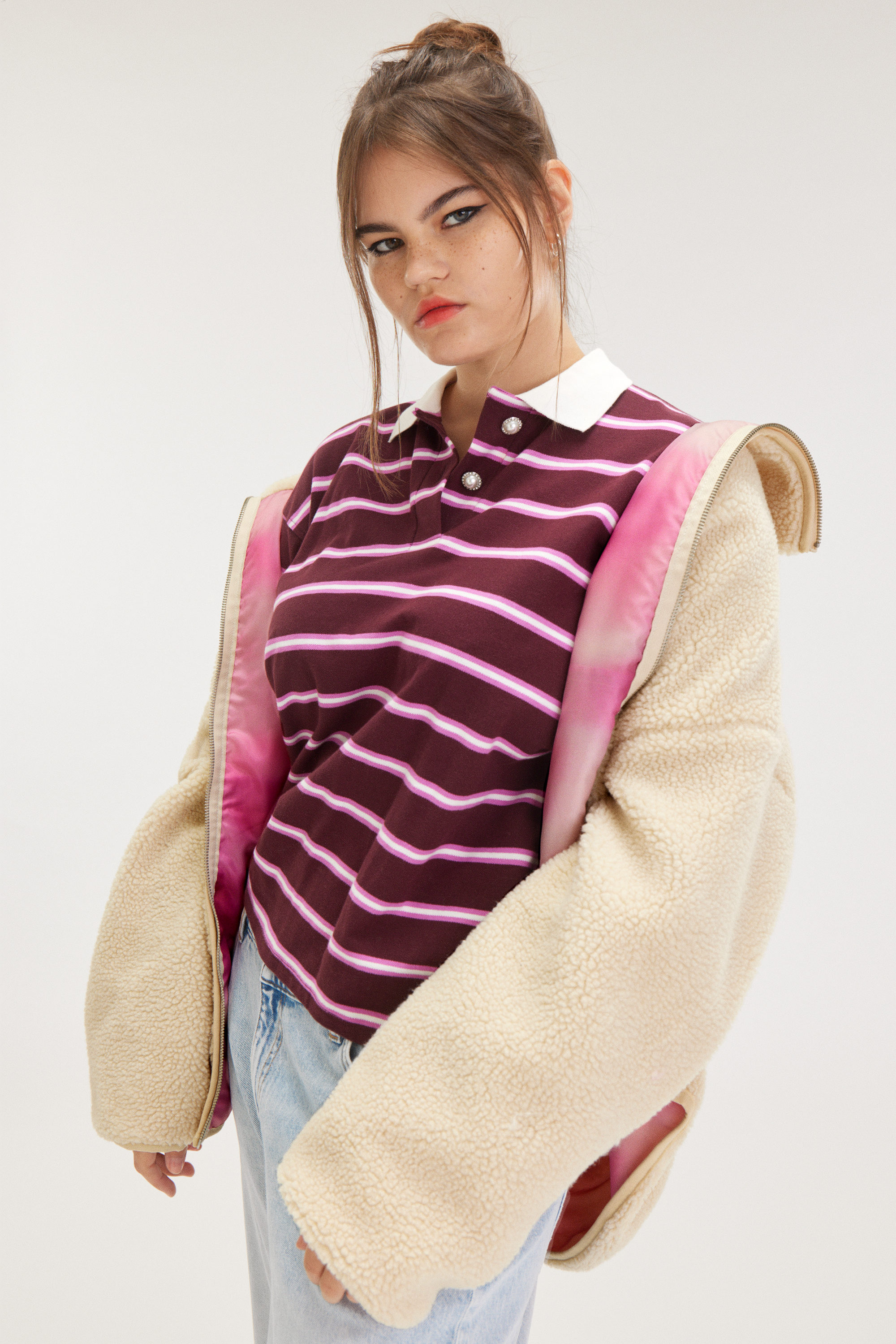 Dusty White - Pink Lining - Loose Fleece Zip Jacket - 2