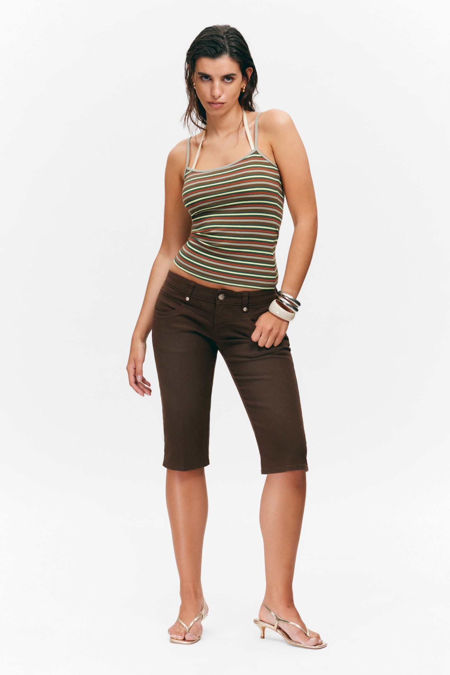 Ultra Low Rise Capri Trousers - Dark Brown/Dusty White