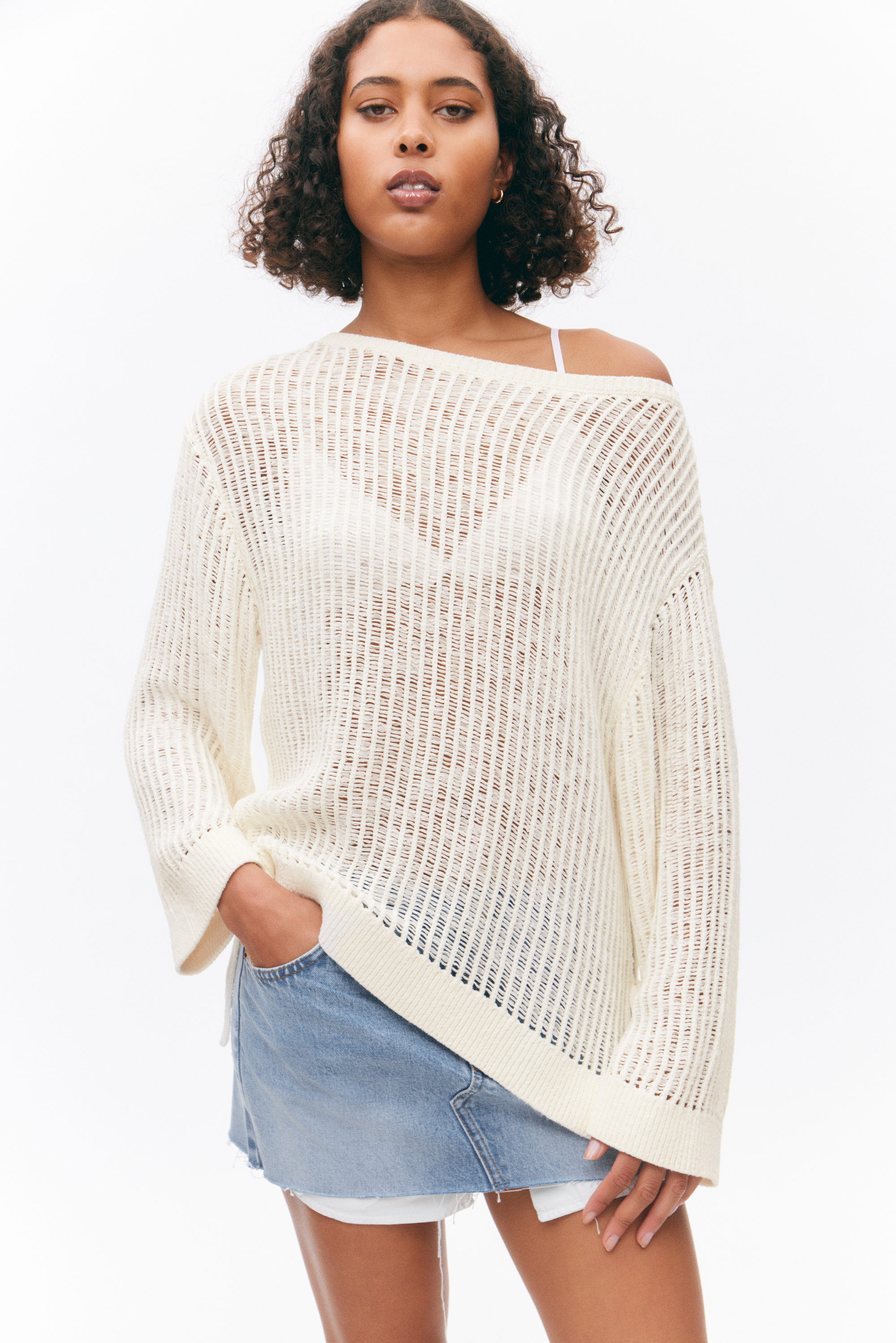 White - Loose Open-Knit Side Slit Sweater - 2