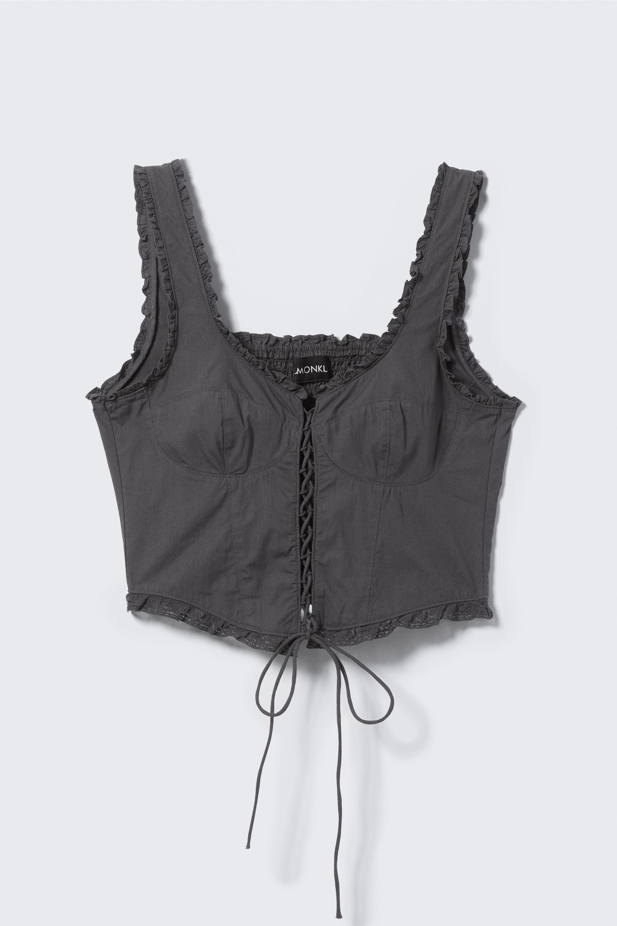 Frilled Lace-Up Corset Top - Dark Grey/White