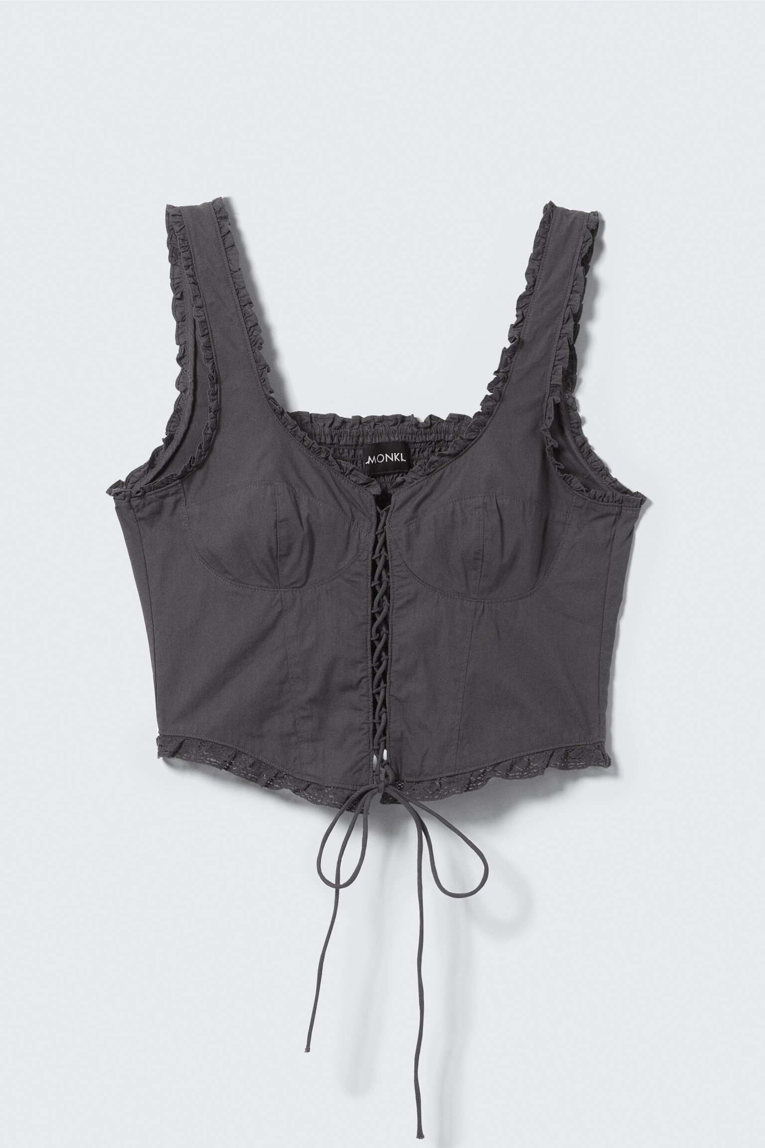 Frilled Lace-Up Corset Top - Dark Grey - 2