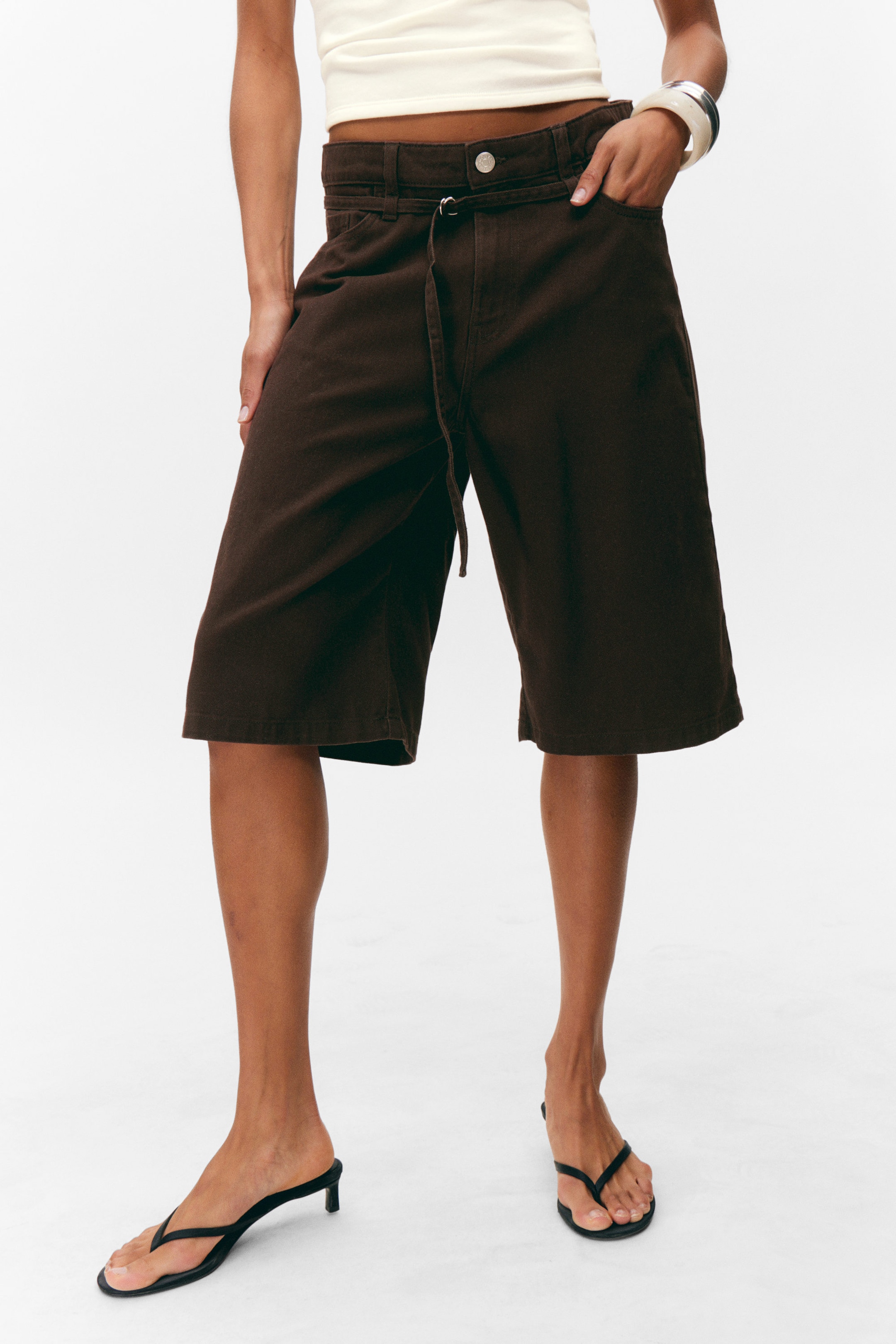 Dark Brown - Low Rise Cargo Cotton Twill Jorts - 2