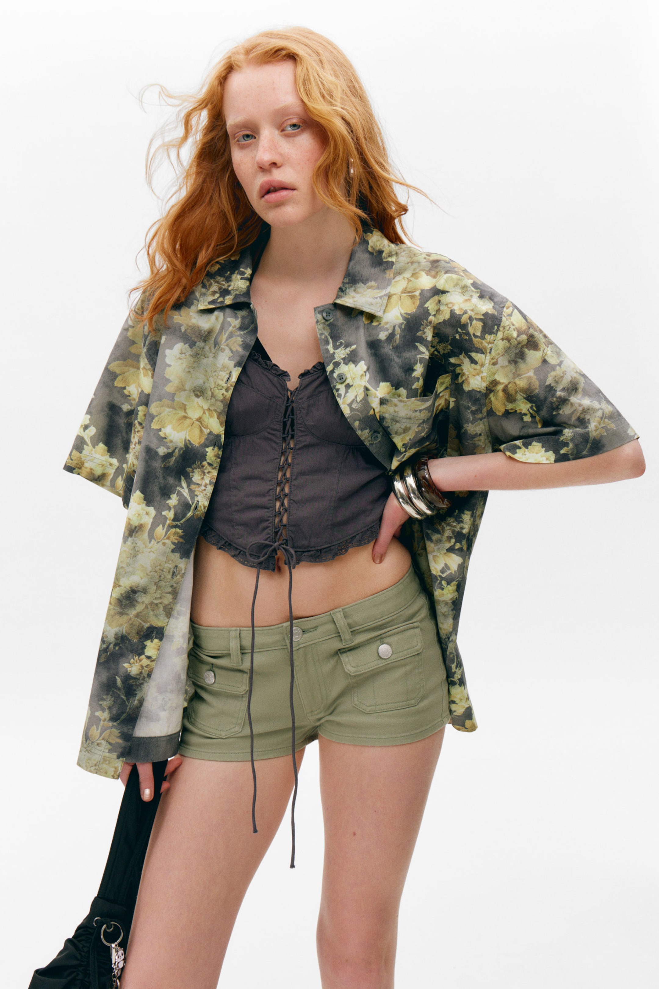 Dark Grey - Dirty Floral - Oversized Short-Sleeved Cotton Poplin Shirt - 2