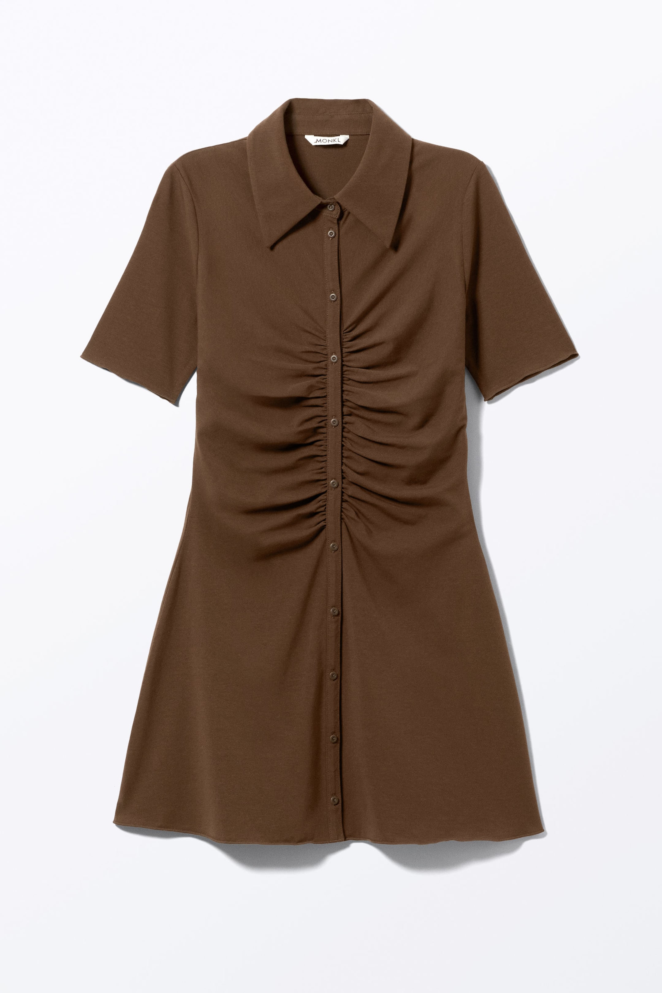 Dark Brown - Short-Sleeved Mini Shirt Dress - 3