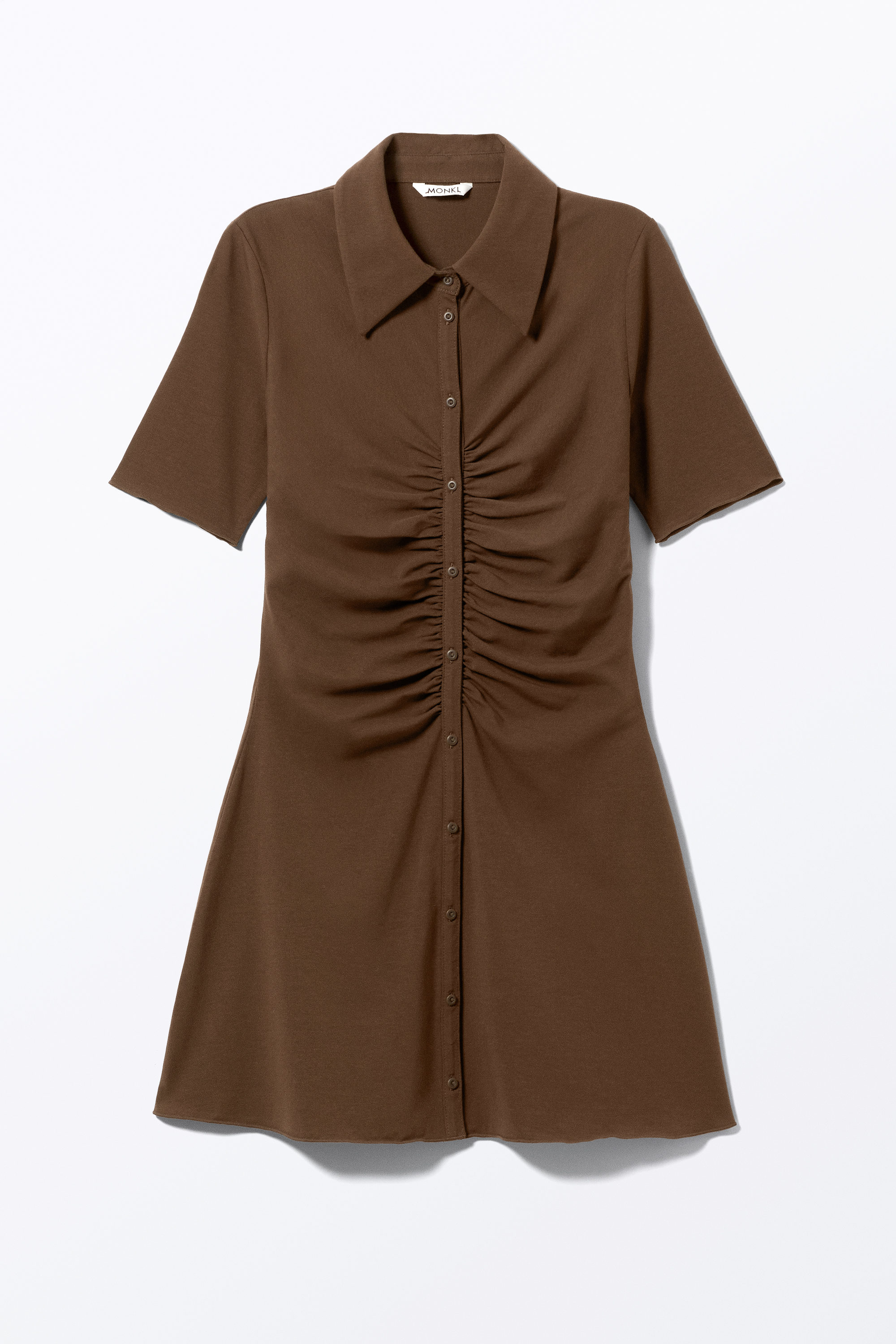 Dark Brown - Short-Sleeved Mini Shirt Dress - 3