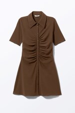 Dark Brown - Short-Sleeved Mini Shirt Dress - 0
