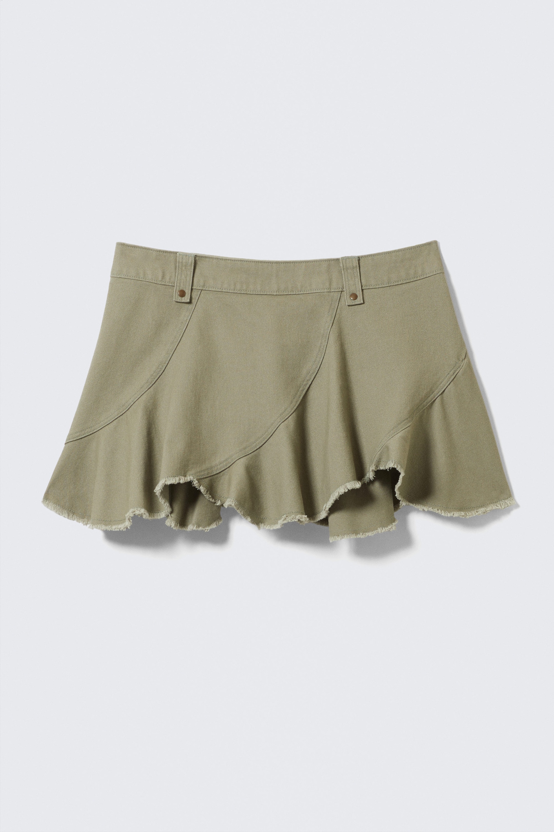 Khaki Green - Frayed Asymmetric Mini Twill Skirt - 4