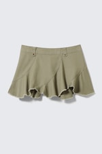 Khaki Green - Frayed Asymmetric Mini Twill Skirt - 4