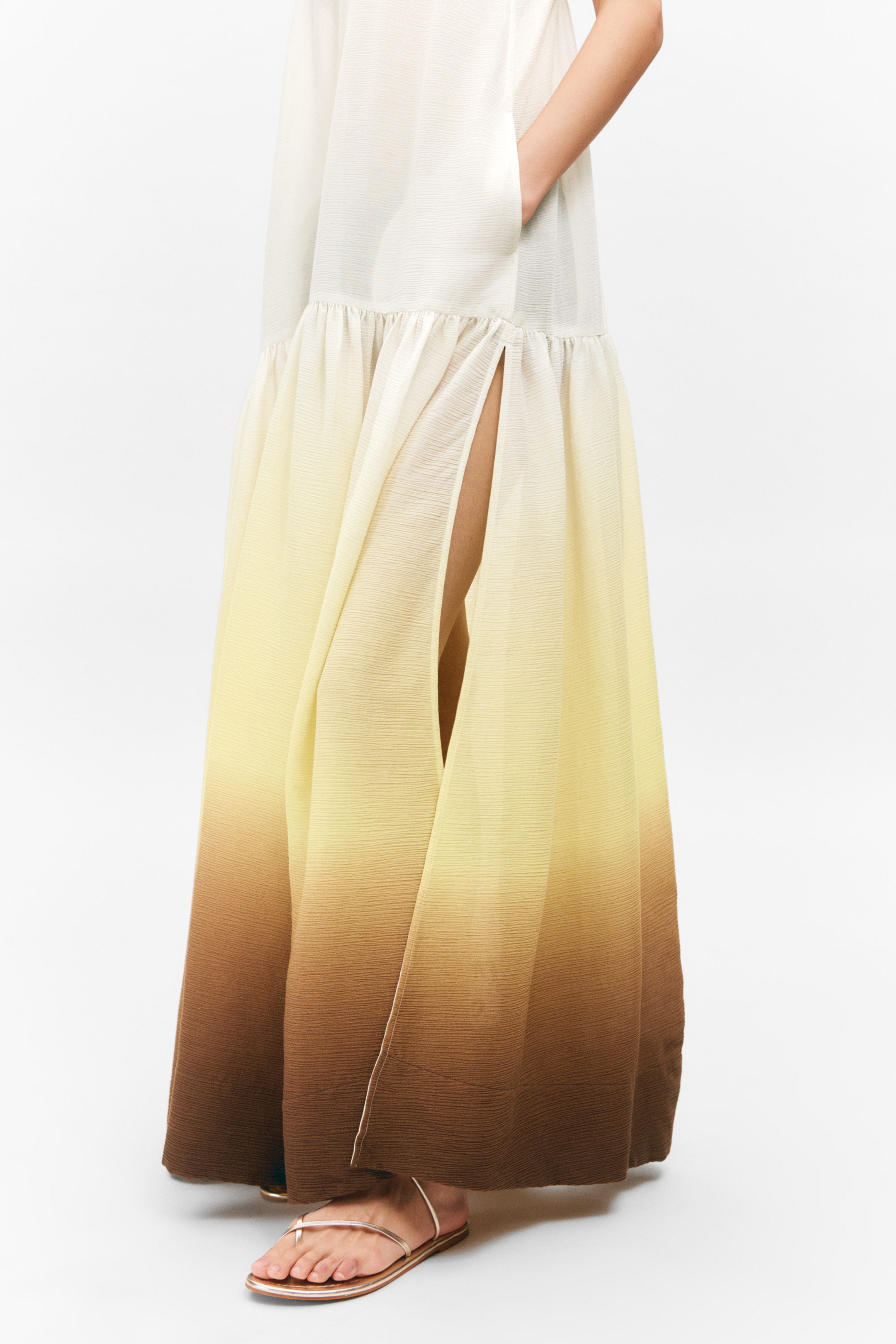 White/Yellow/Brown - Gradient - Tiered Printed Cotton Maxi Dress - 2