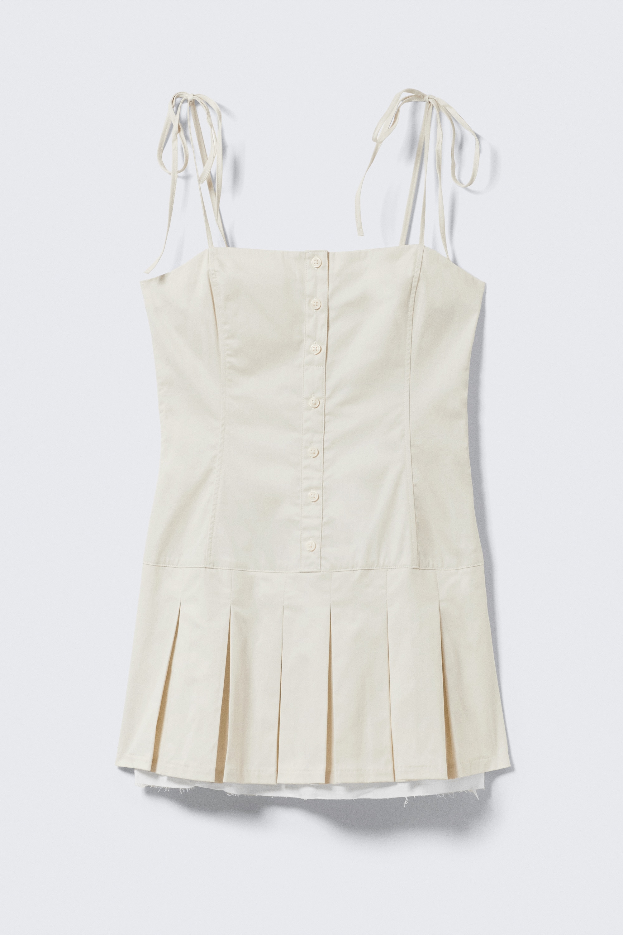 Minivestido de sarja plissado com alças atadas - Bege claro/Verde caqui claro