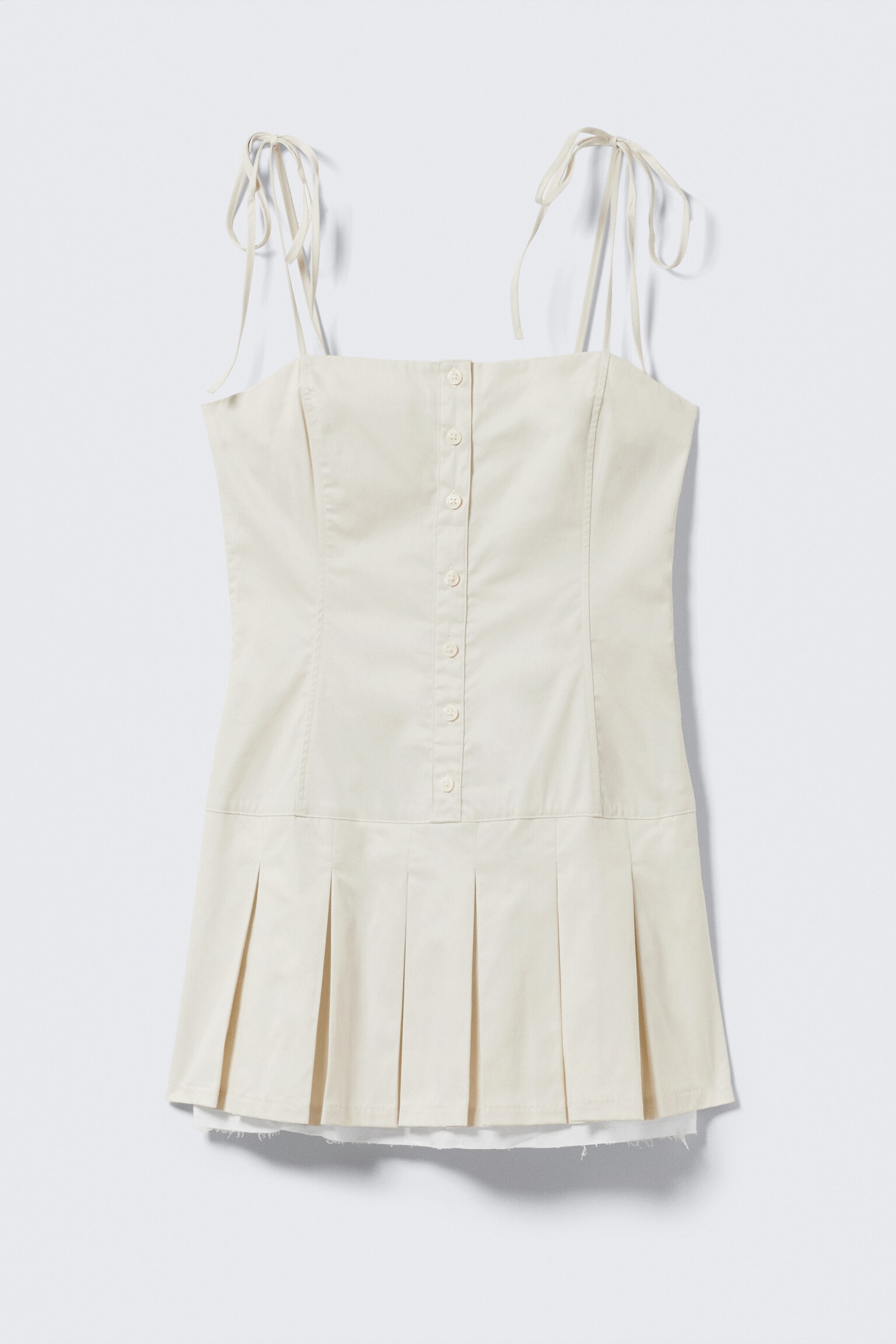Pleated Tie-Strap Mini Twill Dress - Light Beige/Light Khaki Green - 2
