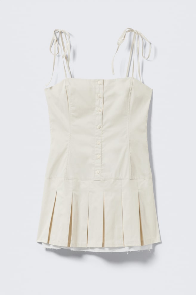 Minivestido de sarga plisado con tirantes anudados - Beige claro/Verde caqui claro - 1