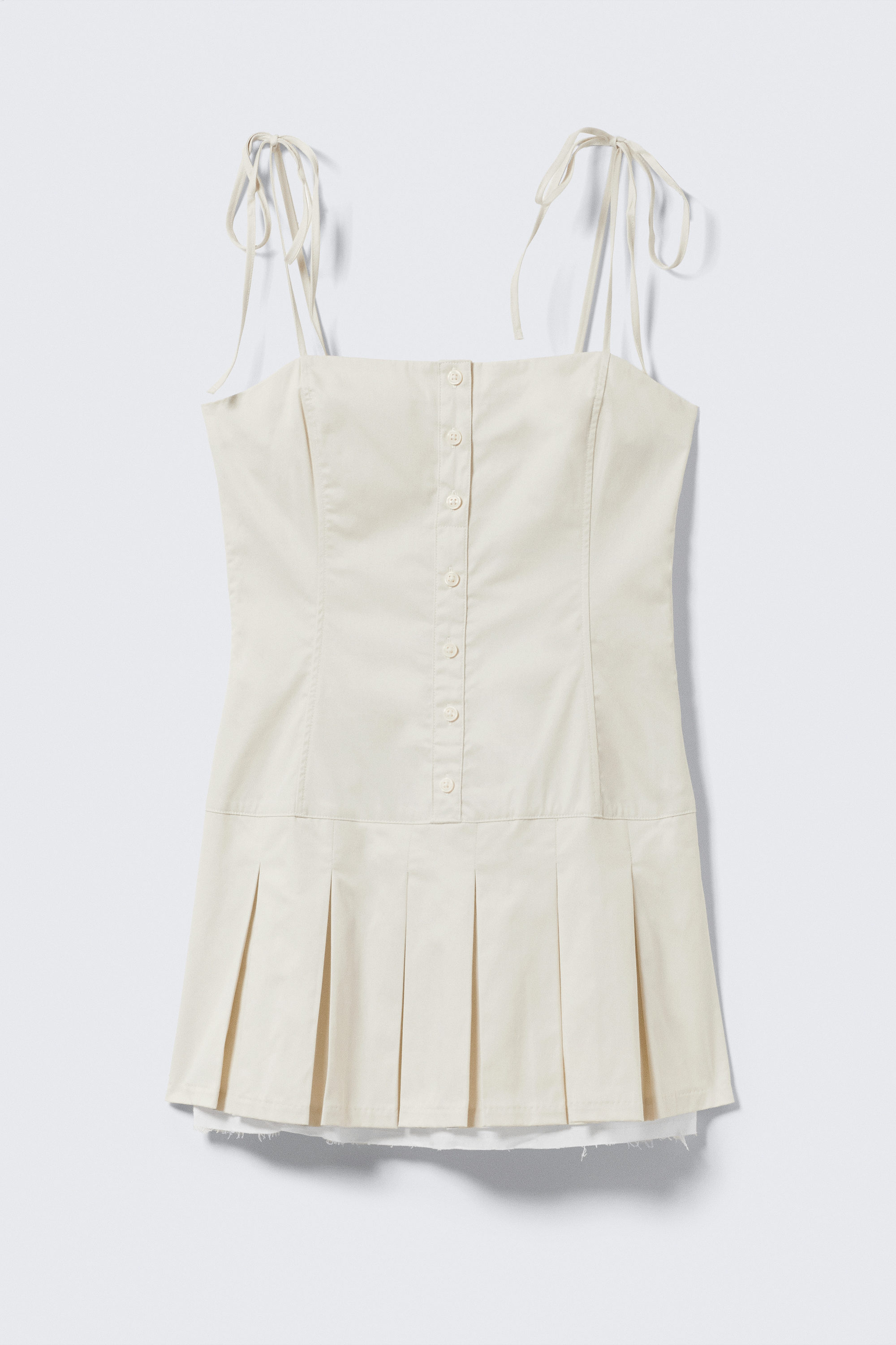 Hellbeige - Plissee-Minikleid aus Twill mit Bindeband - 4