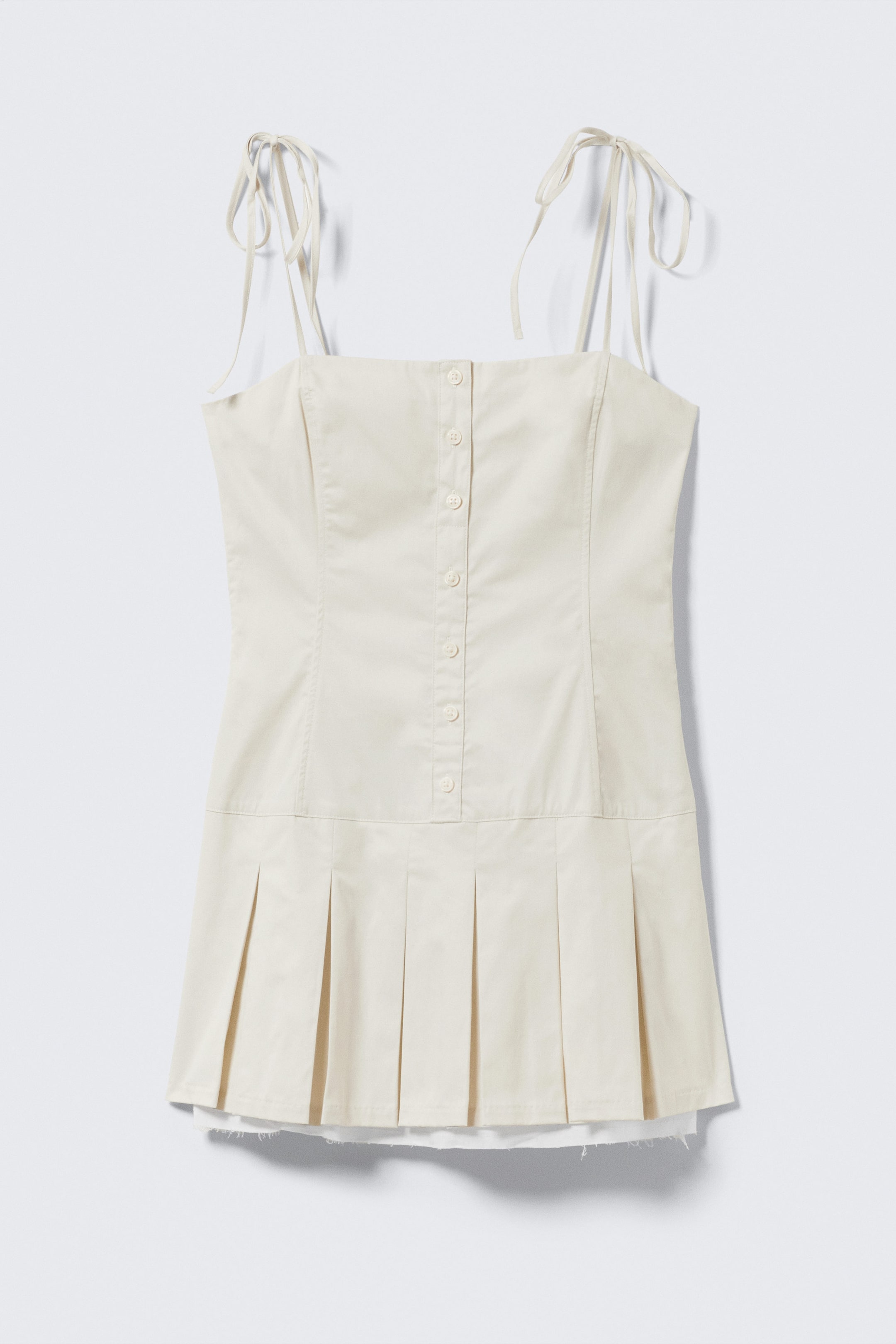 Hellbeige - Plissee-Minikleid aus Twill mit Bindeband - 4