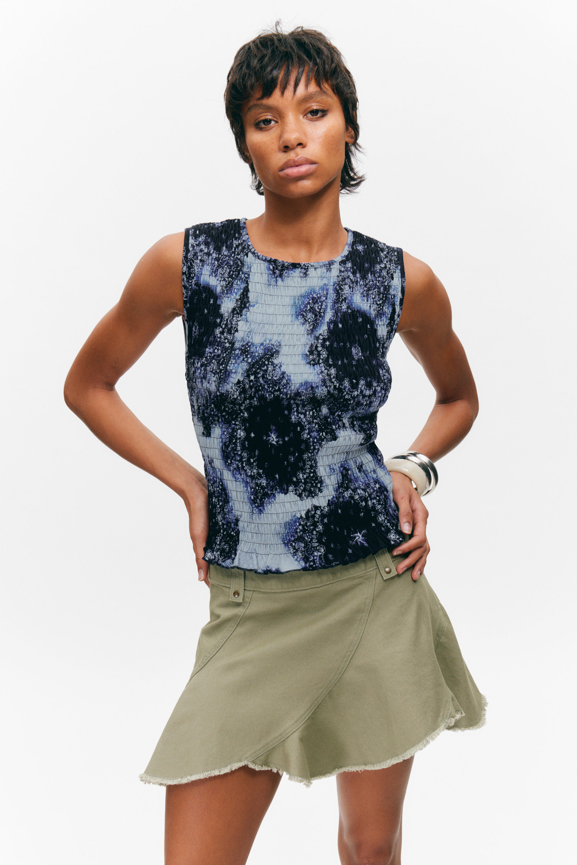 Blue Abstract Paisley - Smocked Slim-Fit Tank Top - 1