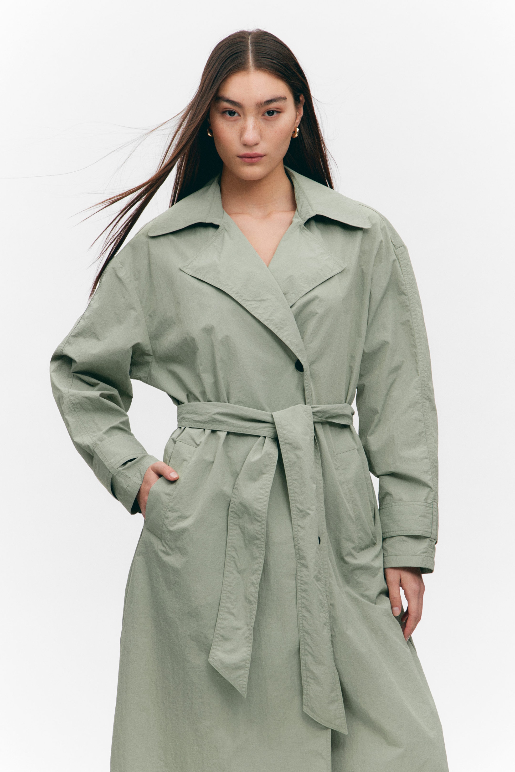 Khaki Green - Oversized Belted Nylon Trench Coat - 2