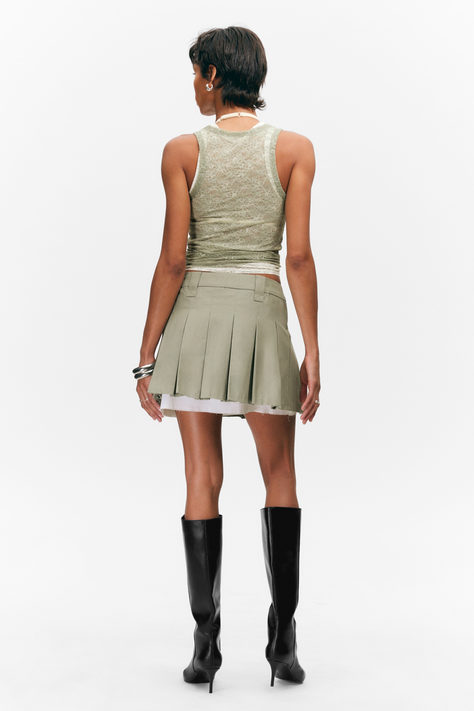 Mid-Rise Pleated Mini Twill Skirt - Khaki Green/Beige - 5