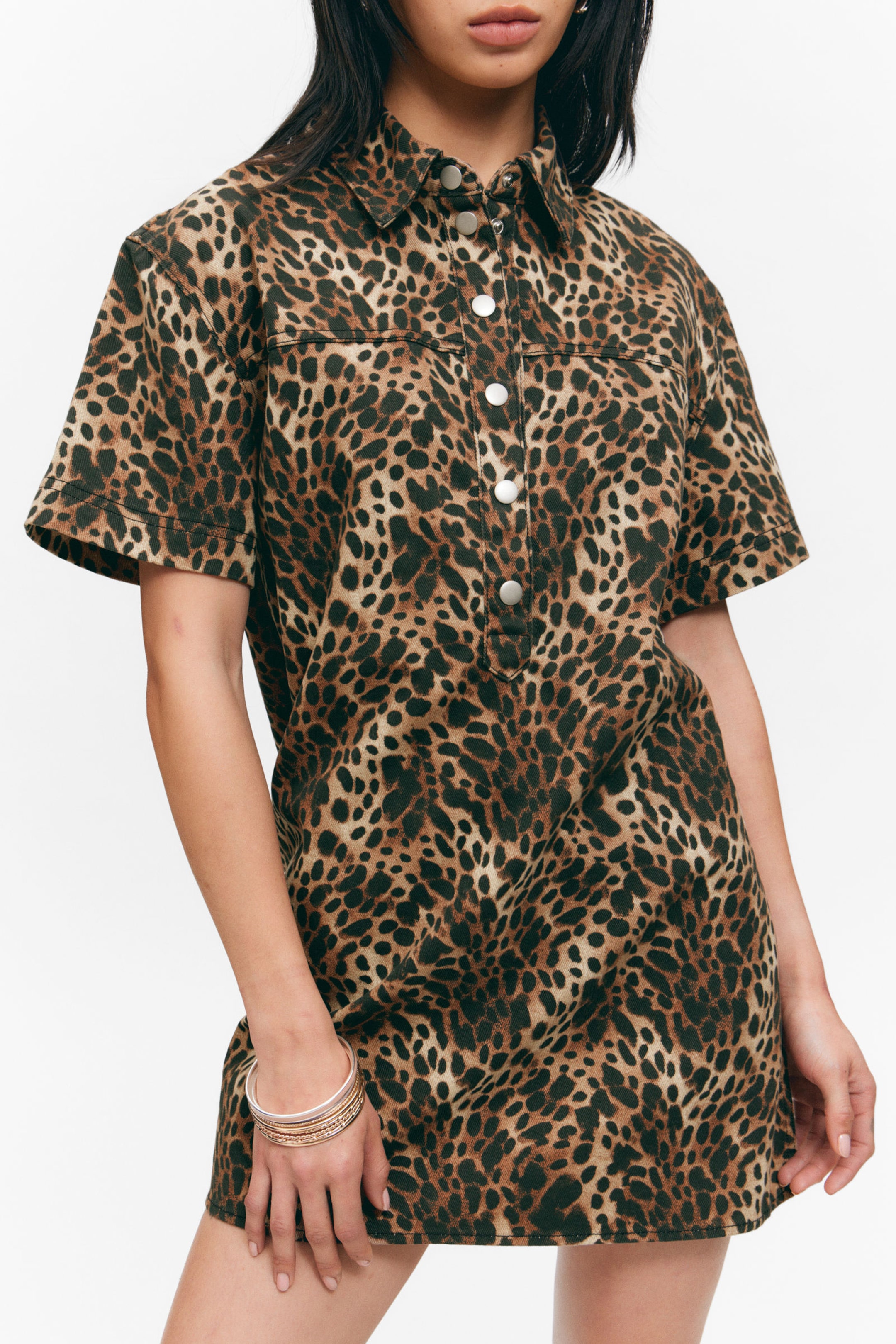 Leopard - Short-Sleeved Mini Shirt Dress - 1