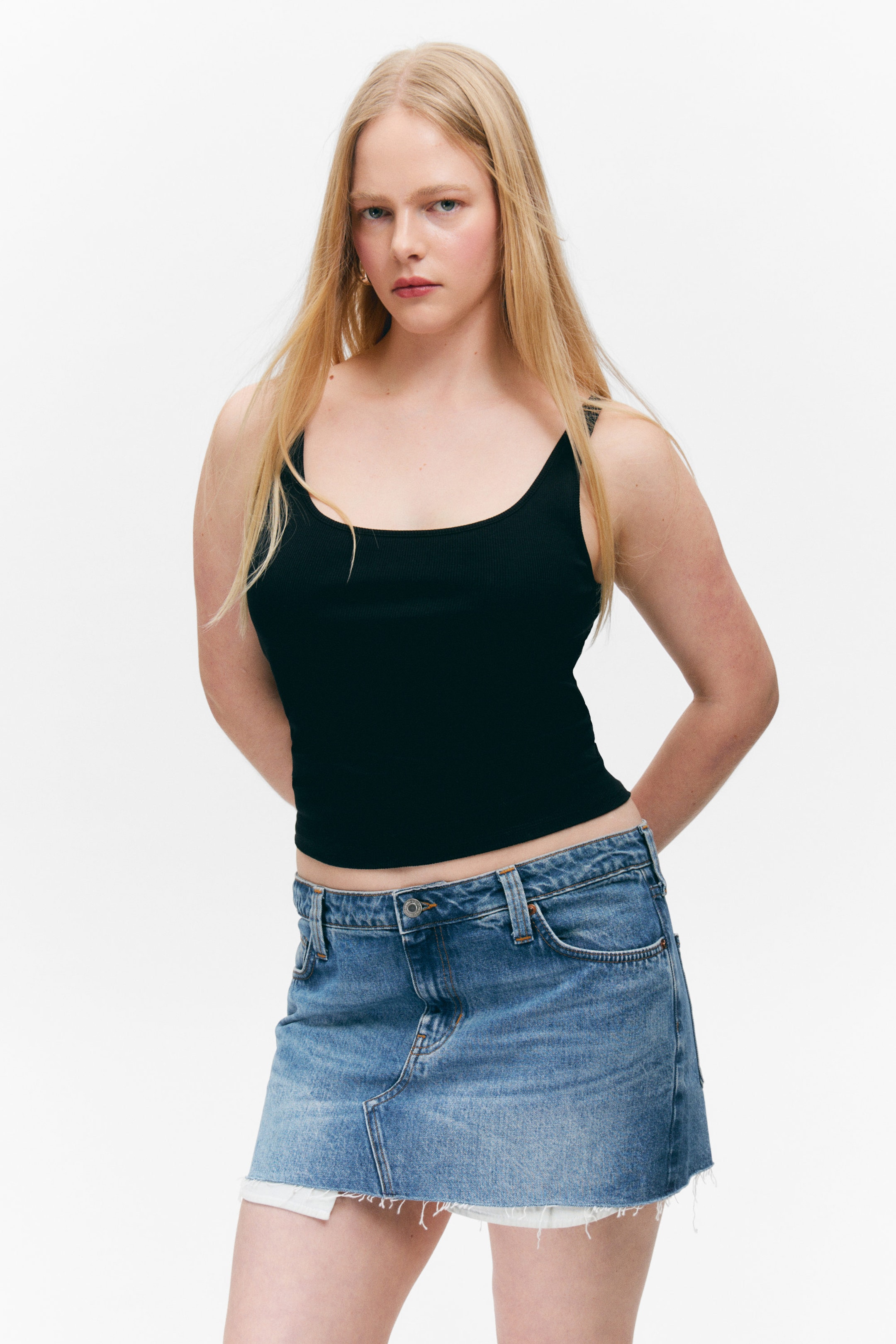 Mountain Blue - Medium Blue - Low Rise Raw Hem Mini Denim Skirt - 2