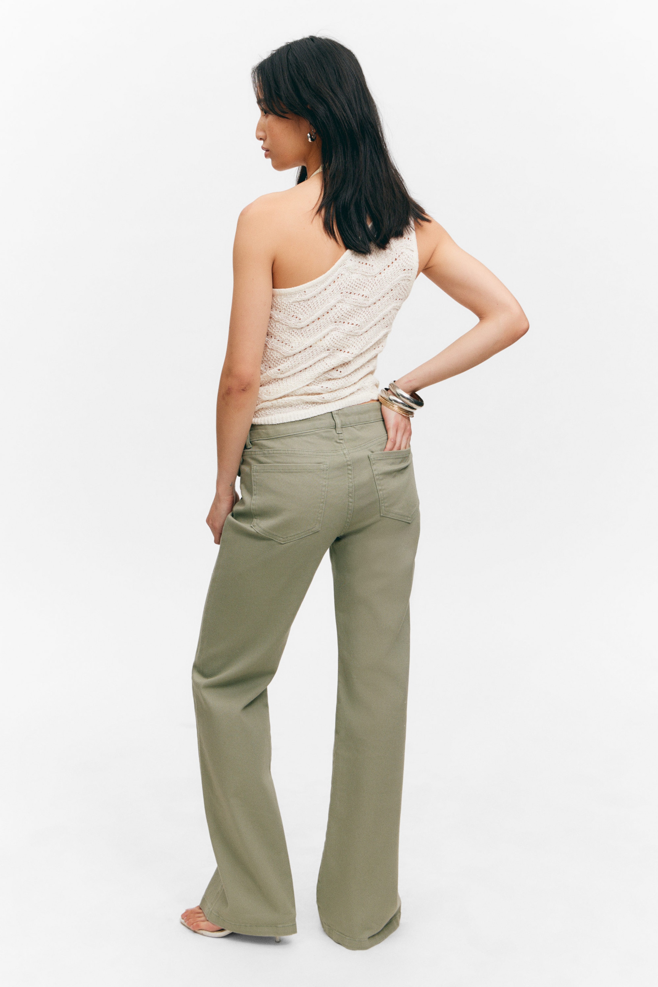 Khaki Green - Low Waisted Bootcut Twill Trousers - 3