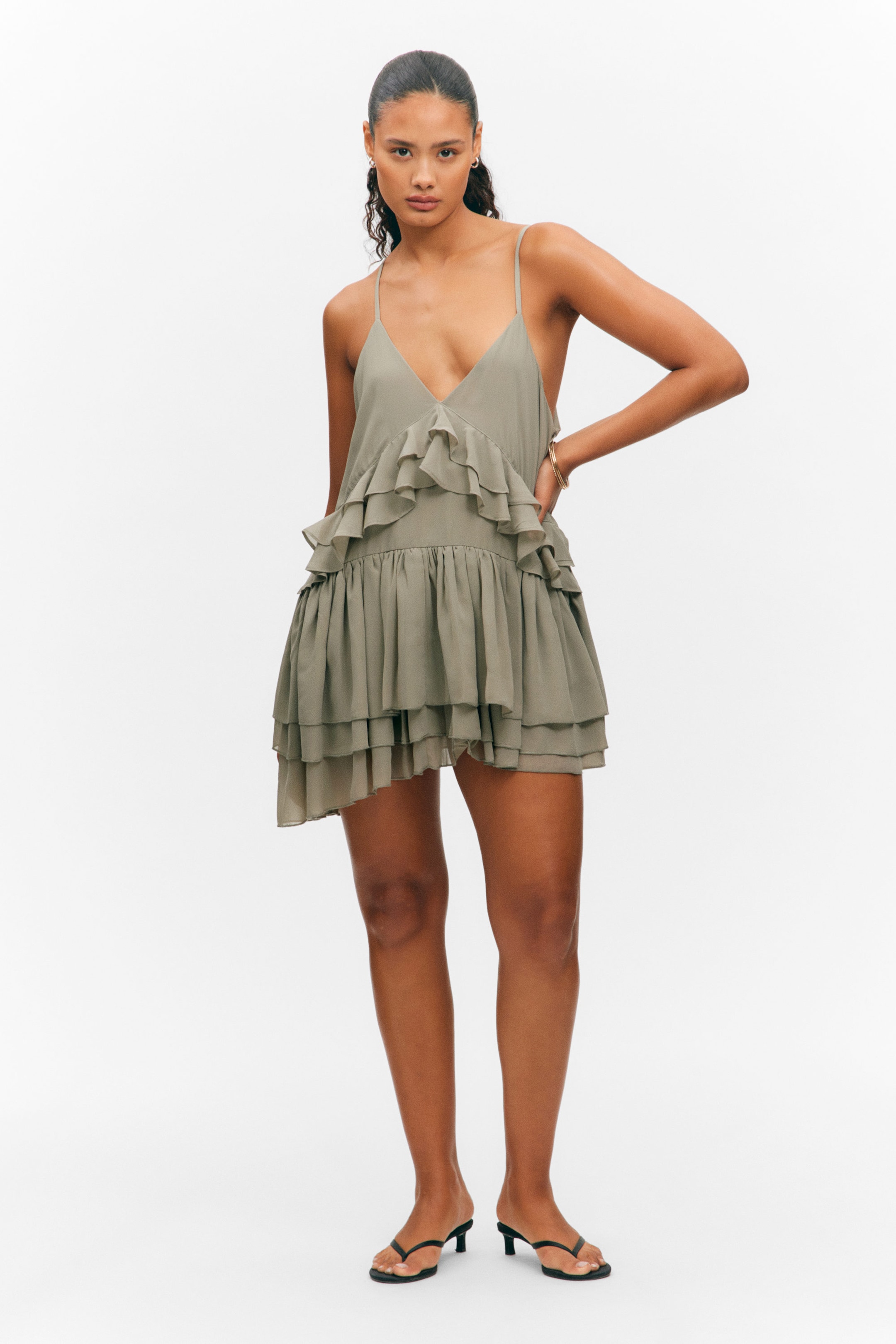 Khaki Green - Layered Ruffled Mini Cami Dress - 1