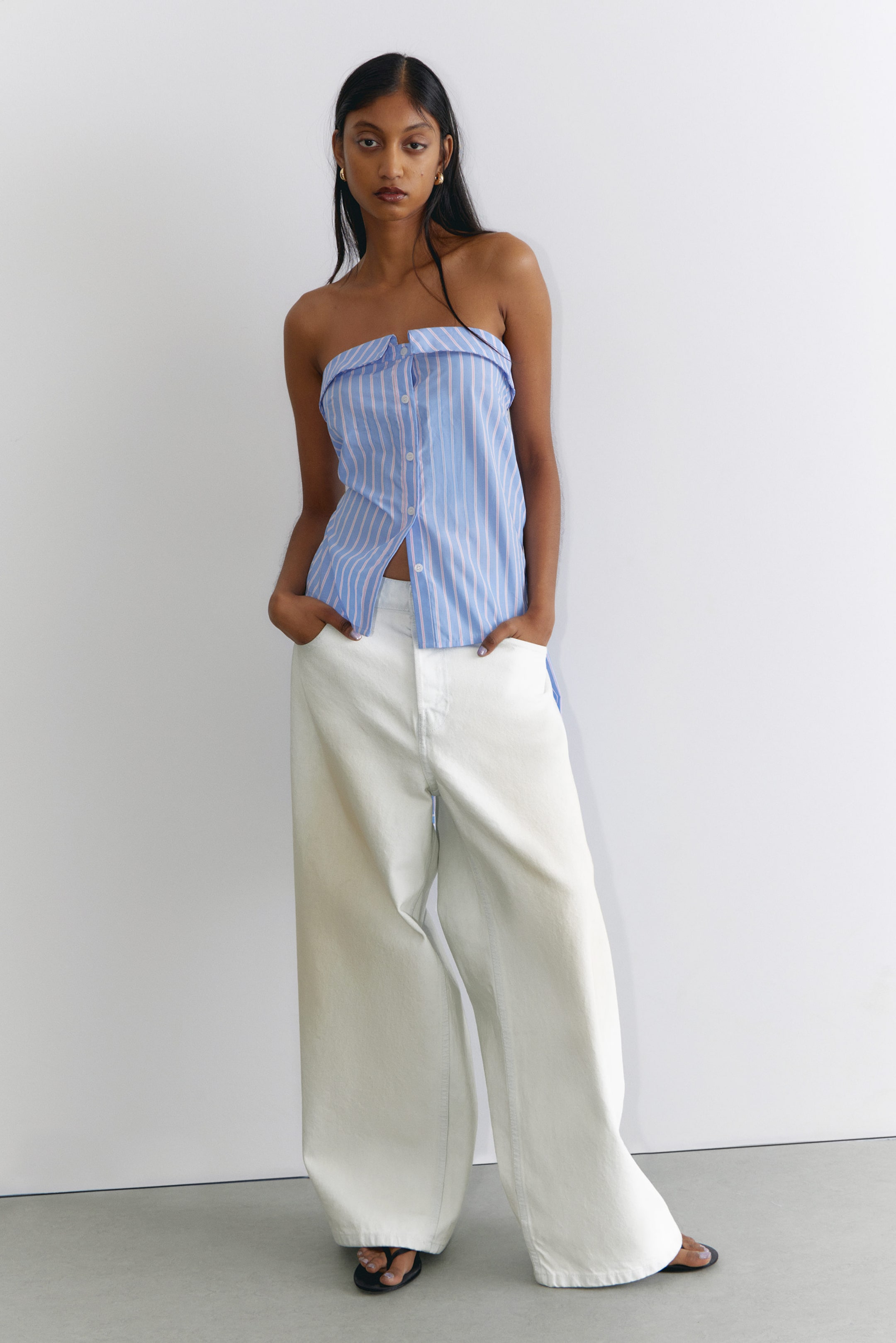 Striped Blue & Pink - Striped Off-Shoulder Tie Front Shirt Top - 2