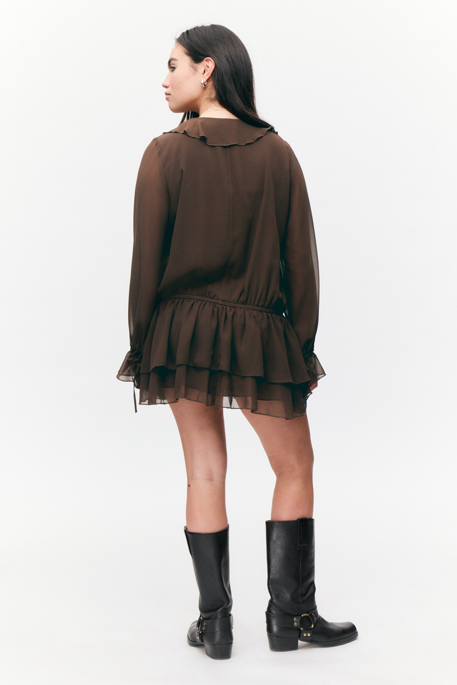 Frilled V-neck Mini Dress - Dark Brown/Mustard Yellow - 6