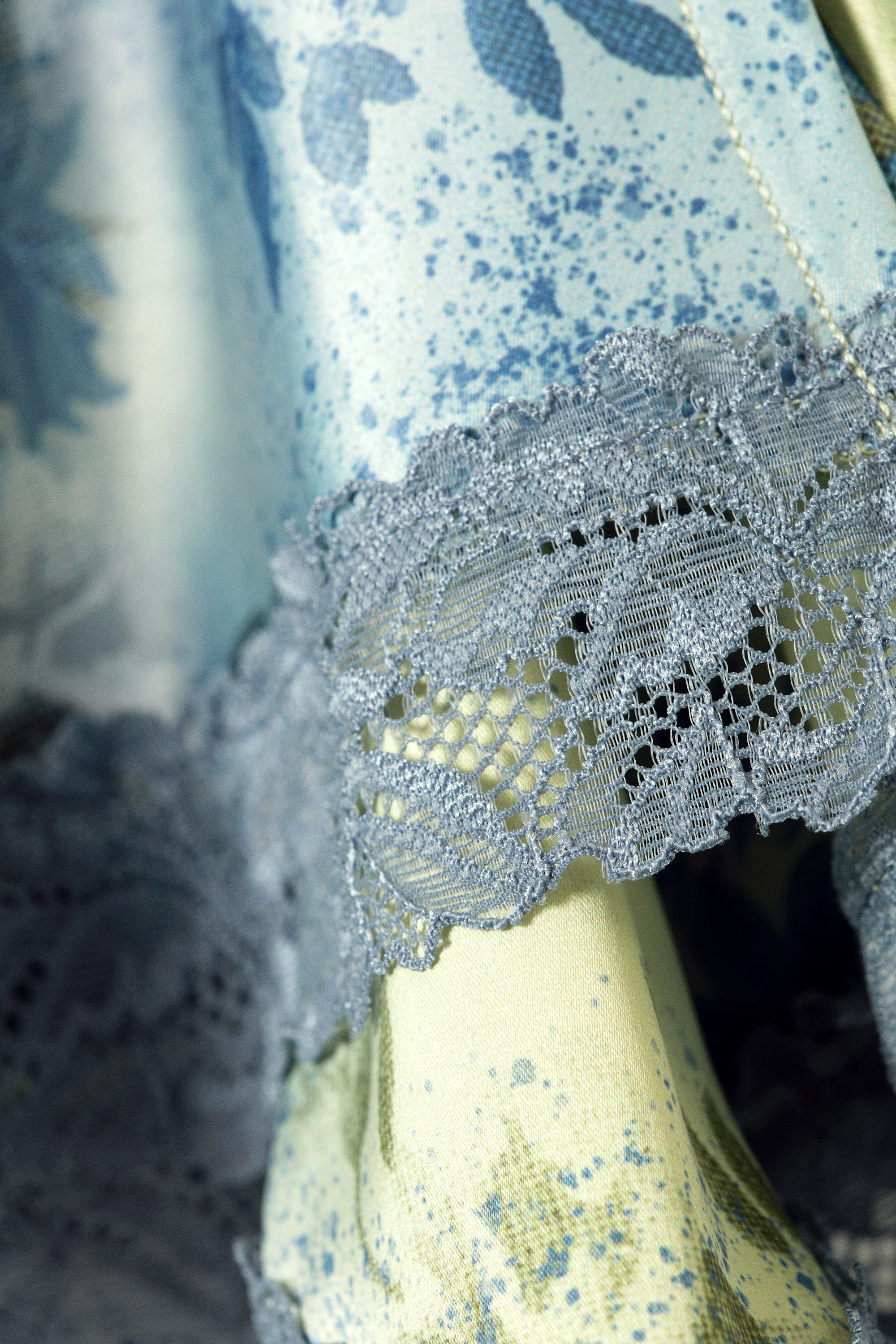 Light Yellow - Blue Floral - Lace-Trim Satin Wrap Mini Skirt - 5
