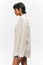 Checked Light Beige - Long-Sleeved Oversized Poplin Shirt - 2