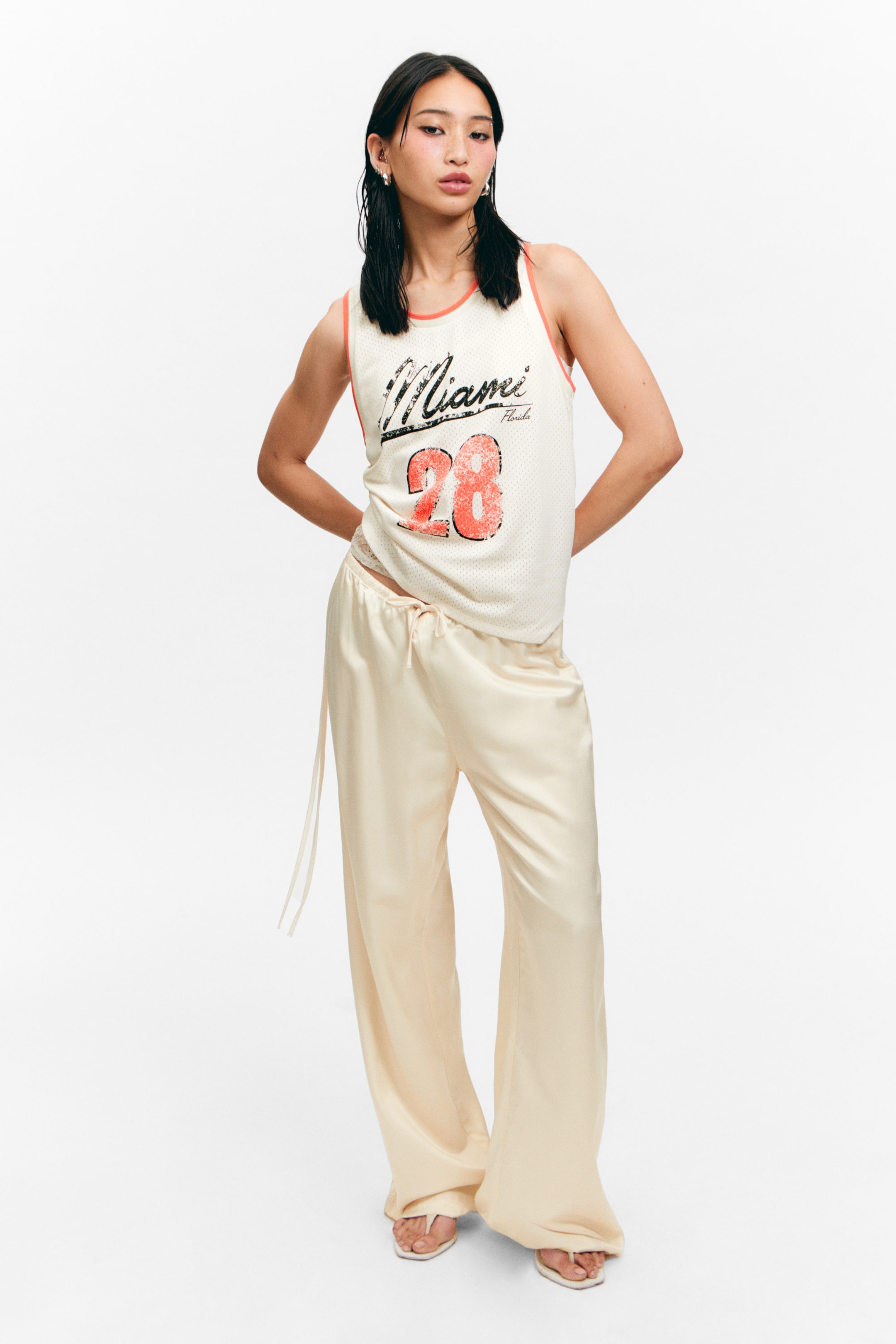 Weiß/Orange - "Miami" - Mesh-Tanktop mit Kordelzug - 1