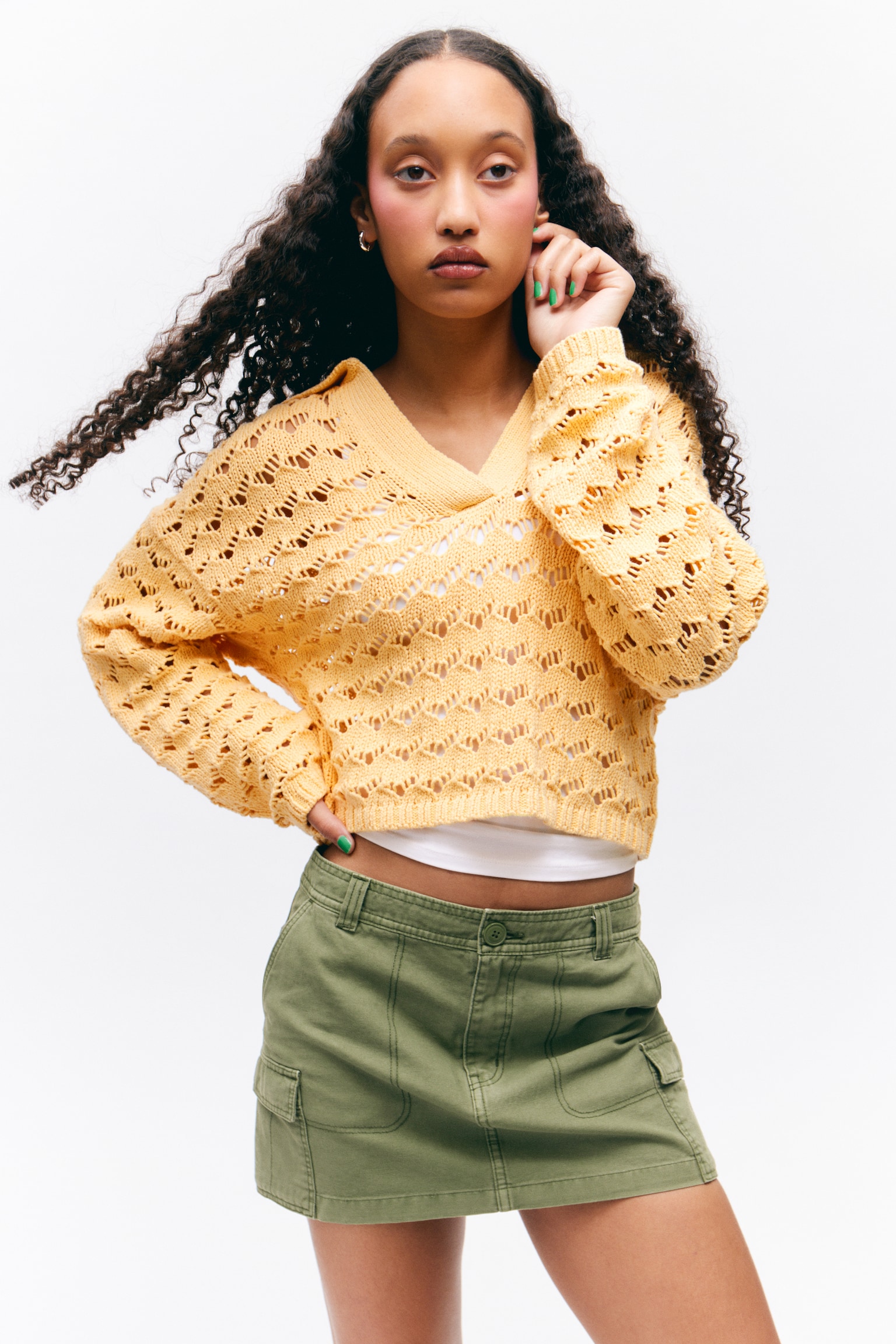 Loose Open-Knit Sweater - Yellow/White & Dark Blue Stripe/Dark Khaki Green