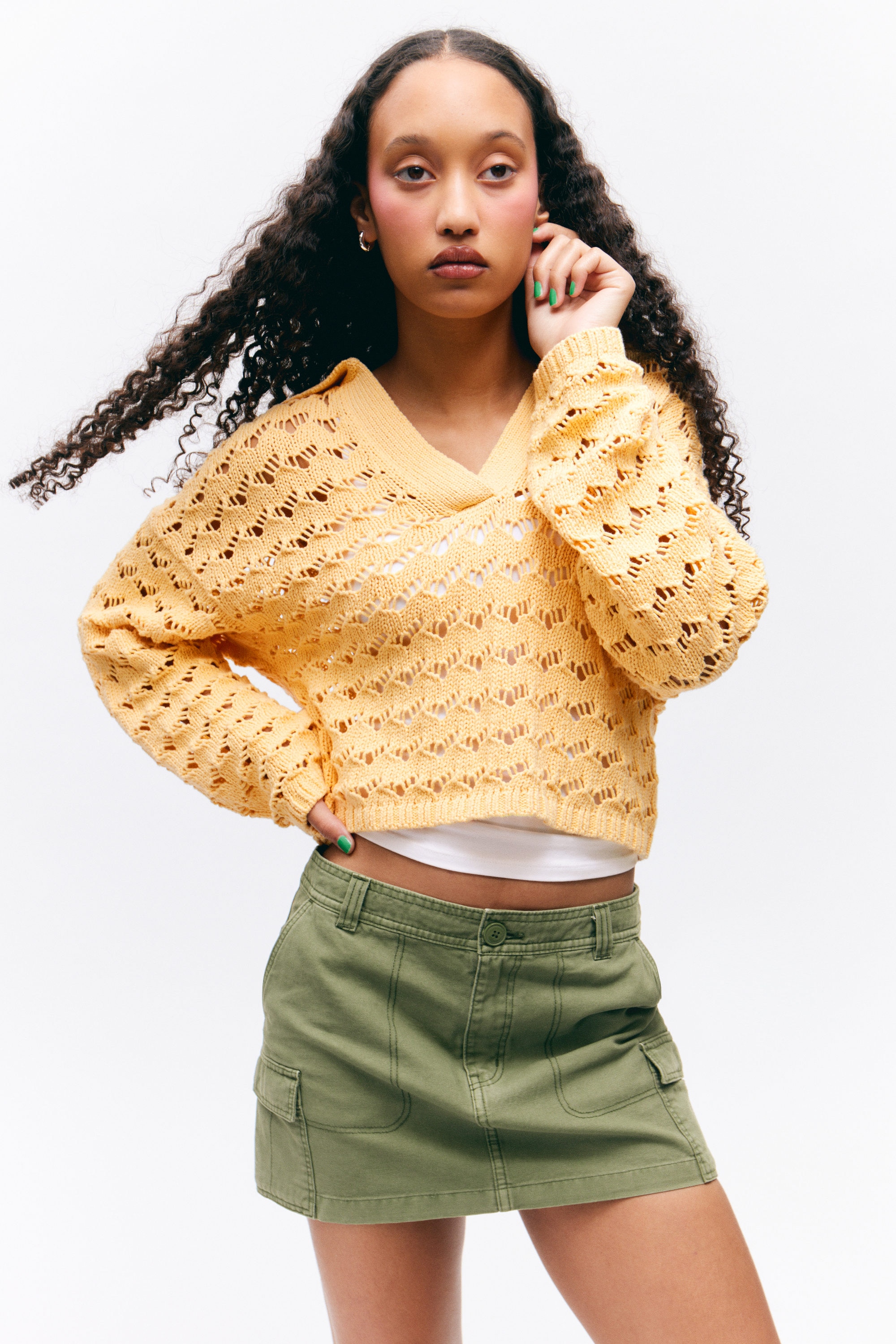 Gelb - Lockerer Grobstrick-Pullover - 1