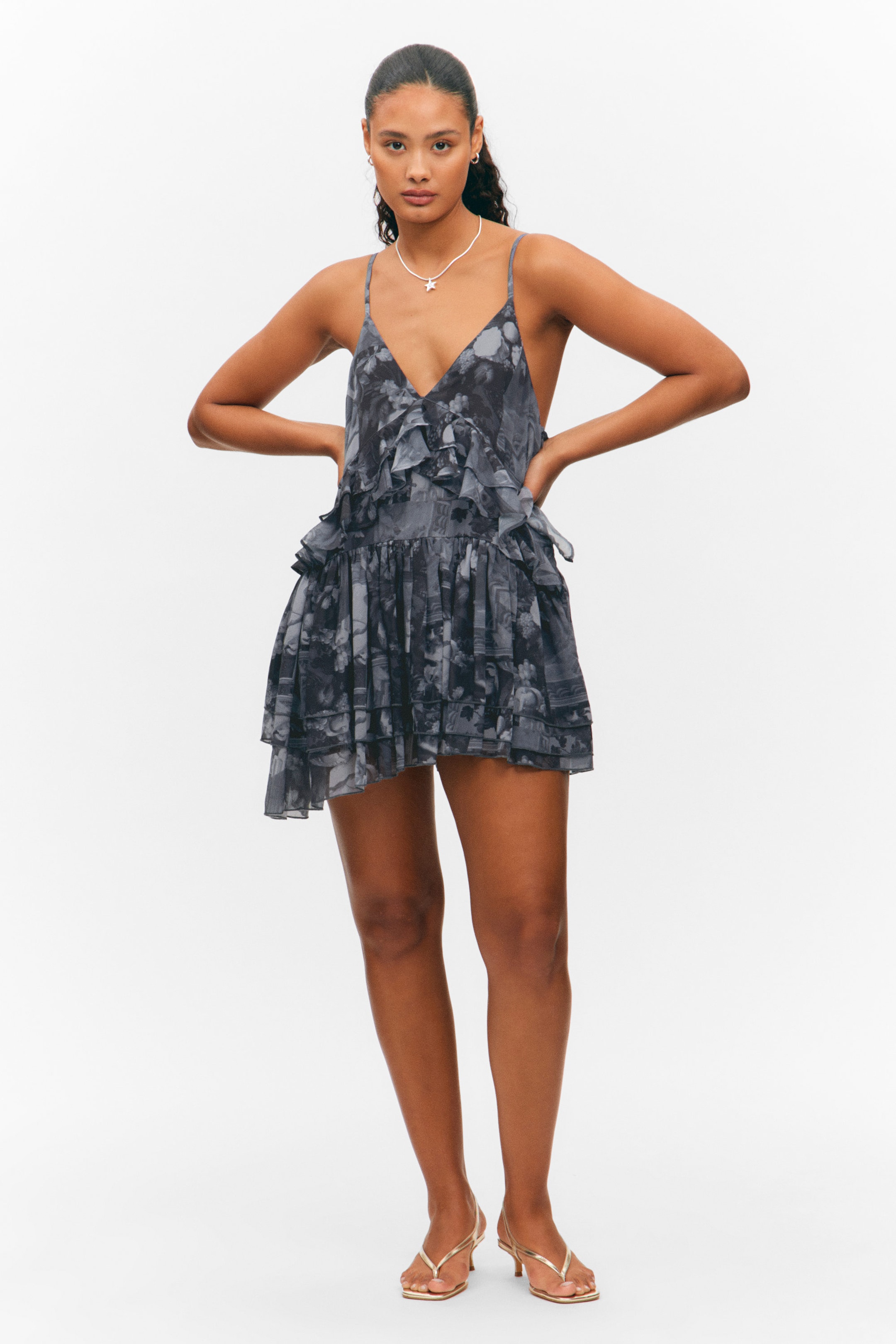 Dark Grey - Baroque Collage - Layered Ruffled Mini Cami Dress - 1