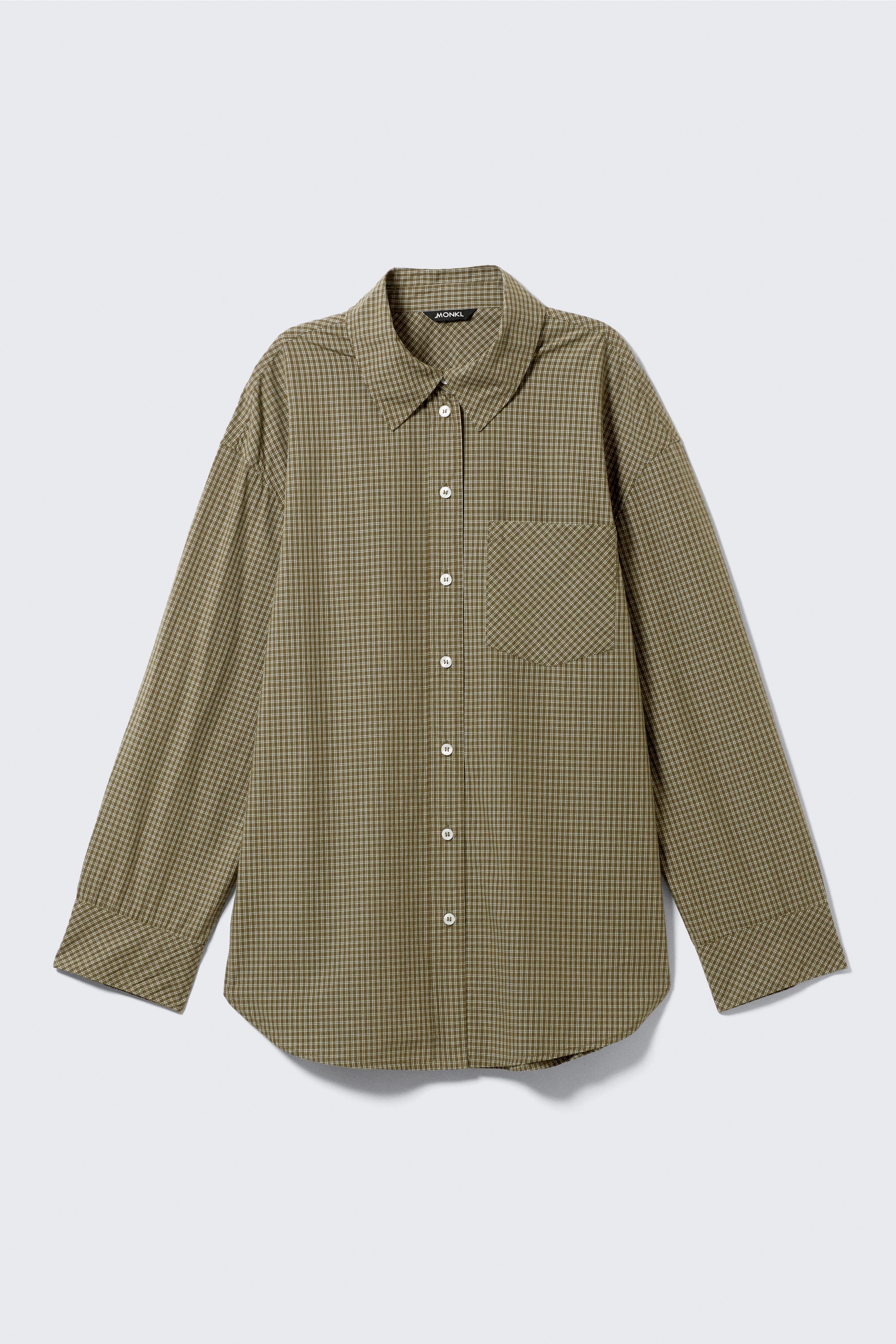 Checked Dark Khaki Green - Long-Sleeved Oversized Poplin Shirt - 4