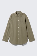 Checked Dark Khaki Green - Long-Sleeved Oversized Poplin Shirt - 4