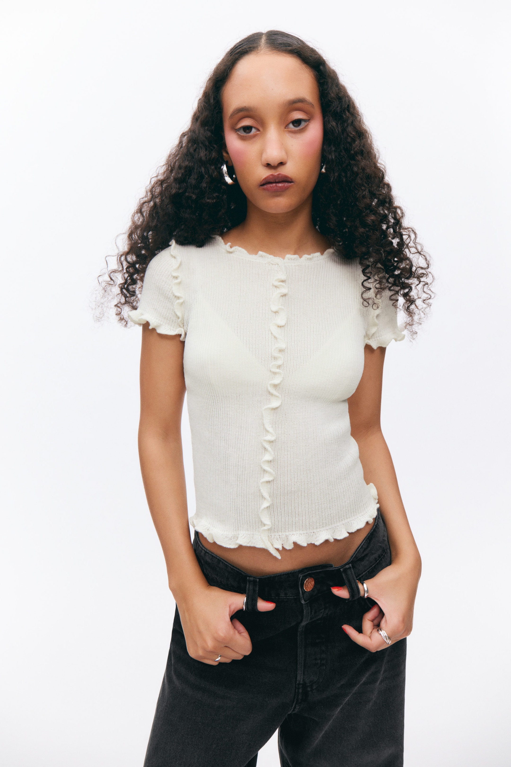 White - Frill-Edge Ribbed Knitted Top - 1