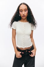 White - Frill-Edge Ribbed Knitted Top - 0