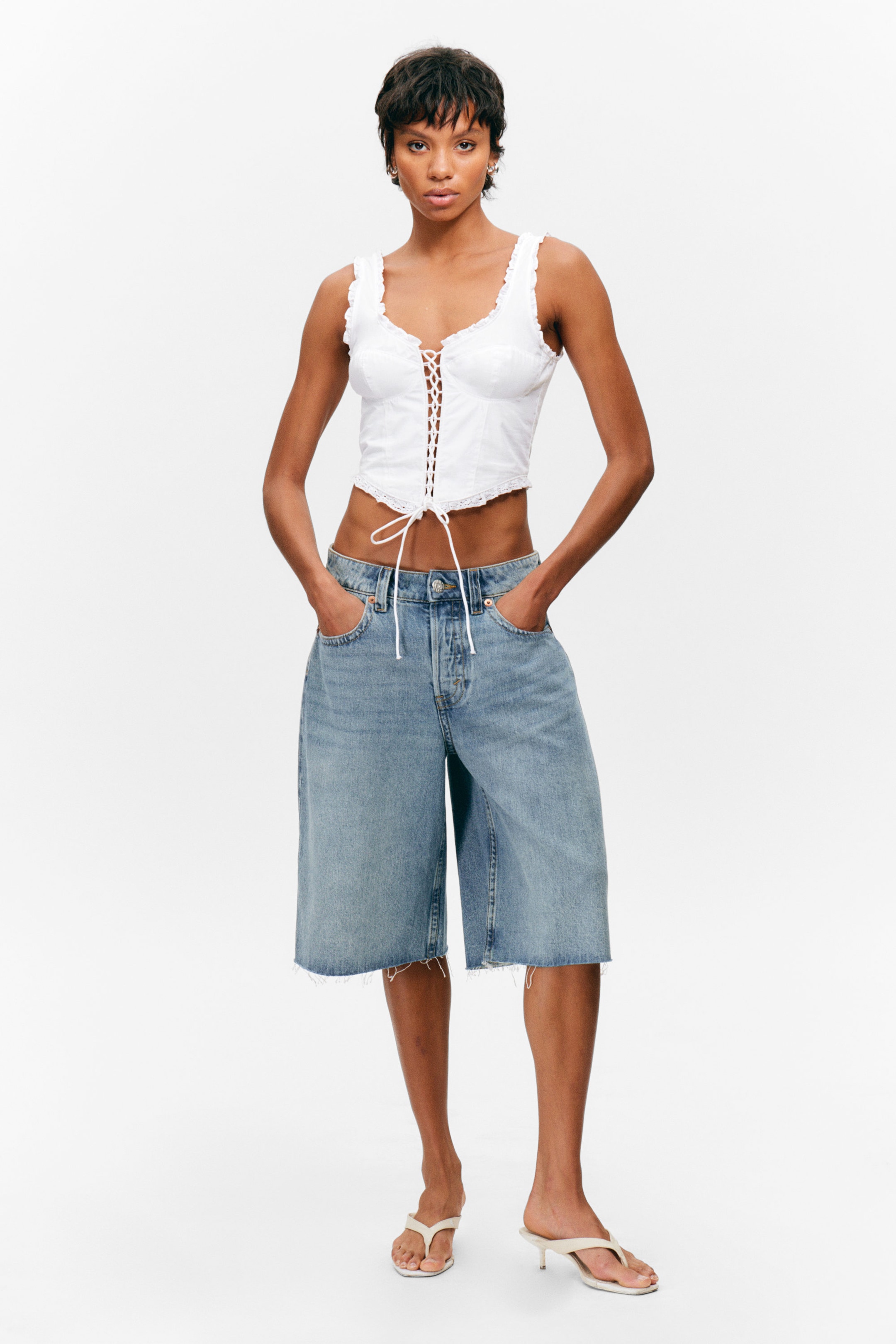 White - Frilled Lace-Up Corset Top - 2