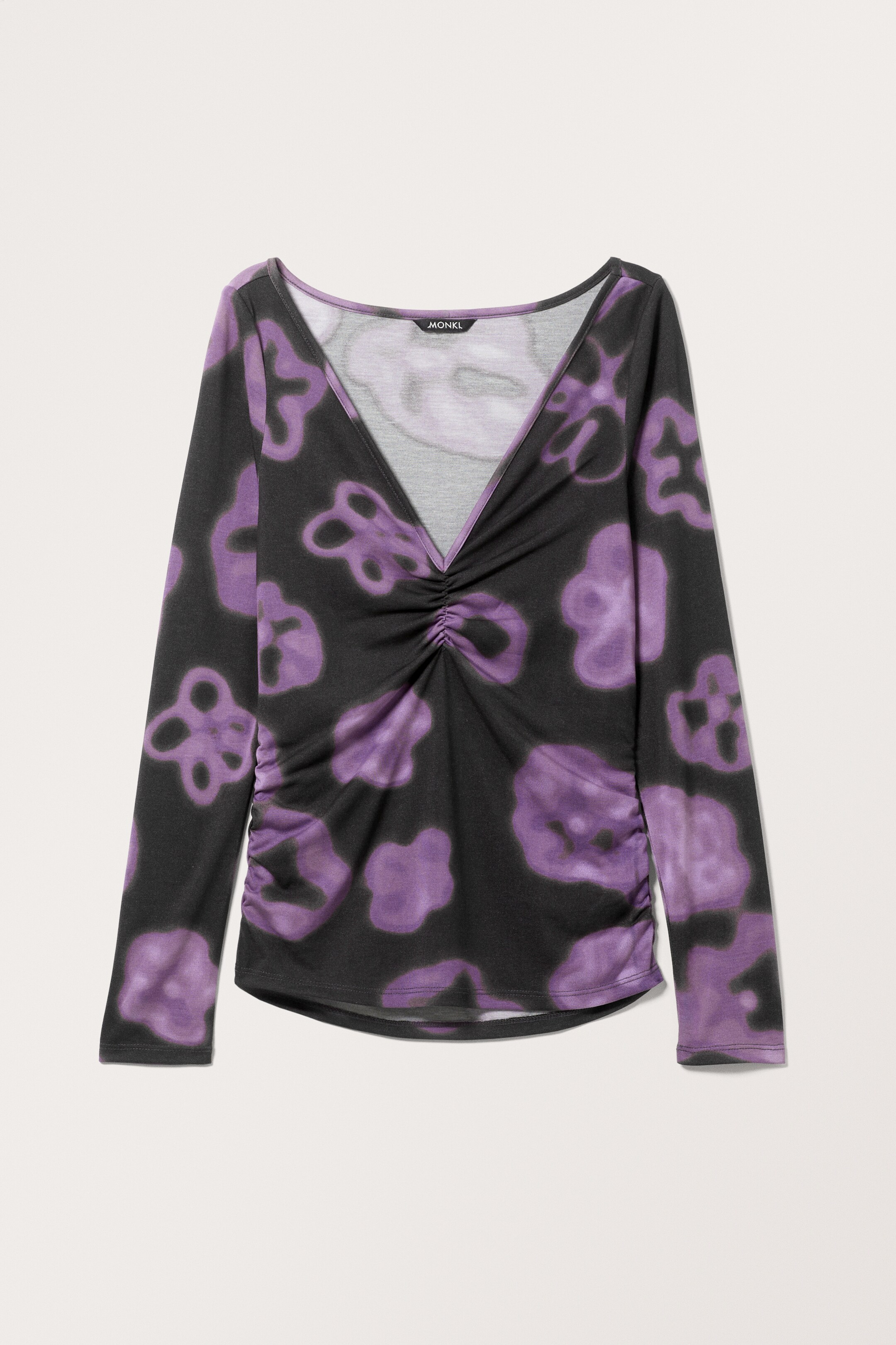 View larger image: Ruched Long Sleeve V-neck Top - Black - Purple Spray Flowers - Ladies | H&M GB 1