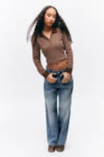 Dark Brown & Pink Stripes - Long-Sleeved Polo Top - 0
