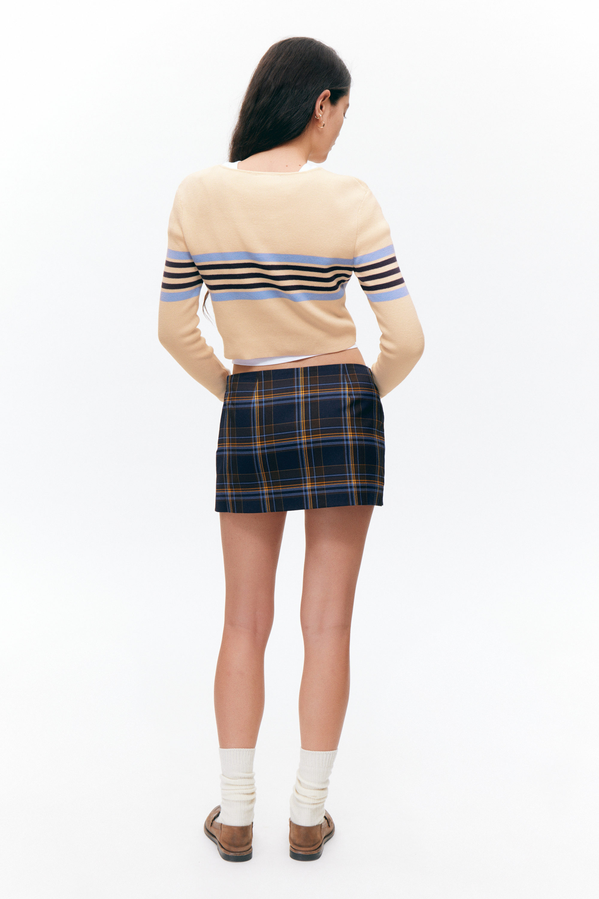 Dark Blue Check - Low Waisted Mini Suiting Skirt - 2